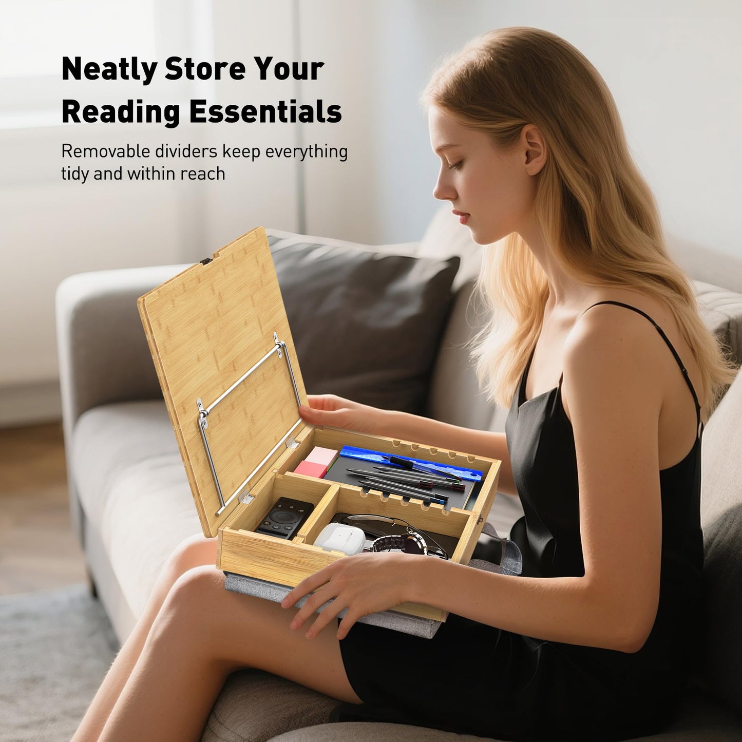 AboveTEK Book Stand for Reading with Storage, Adjustable Bamboo Book Holder with Soft Lap Cushion, Cookbook Stand, Hands-Free Book Reading Stand for Bed, Desktop & Kitchen Counter