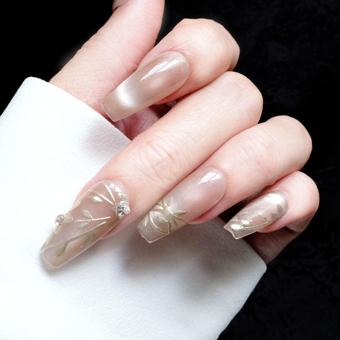 GLORS Nude Press-on Nails, Long Ballerina Shape, Gold Floral Design with Pearls, Handmade False Nail 10 Pieces (Small,LB)