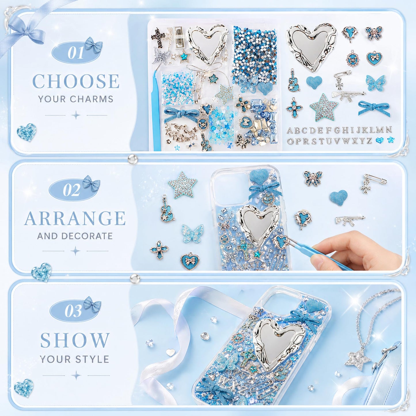 Prdingfy Blue Silver Phone Case Charms Kit, Icy Y2K DIY Decorating Accessories with Bows, Rhinestones, Mini Mirror Pieces and Resin Charms for Custom Cases