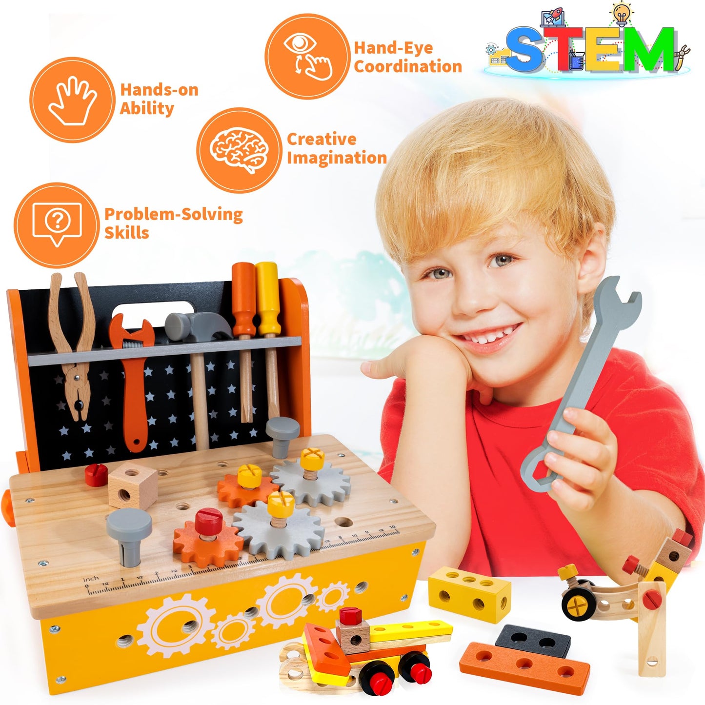 KIDWILL Wooden Tool Bench for Kids, 54-Piece Kids Tool Set with 2-in-1 Workbench & Take-Along Tool Kit, STEM Educational Toy Tools for Kids Ages 3 4 5 6 7 8 Years Old, Boy Toys