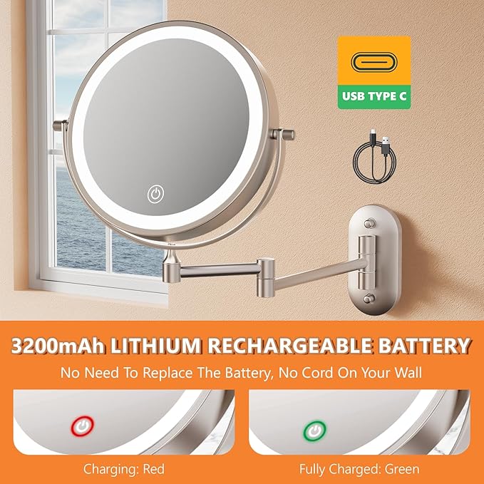 1X/20X Wall Mounted Makeup Mirror with Light, 8" Rechargeable Double-Sided Magnifying Mirror, Vanity Mirror Dimmable 3 Color Light, 360° Extension Rotation Foldable 14.5 Inch Arm, Brushed Nickel