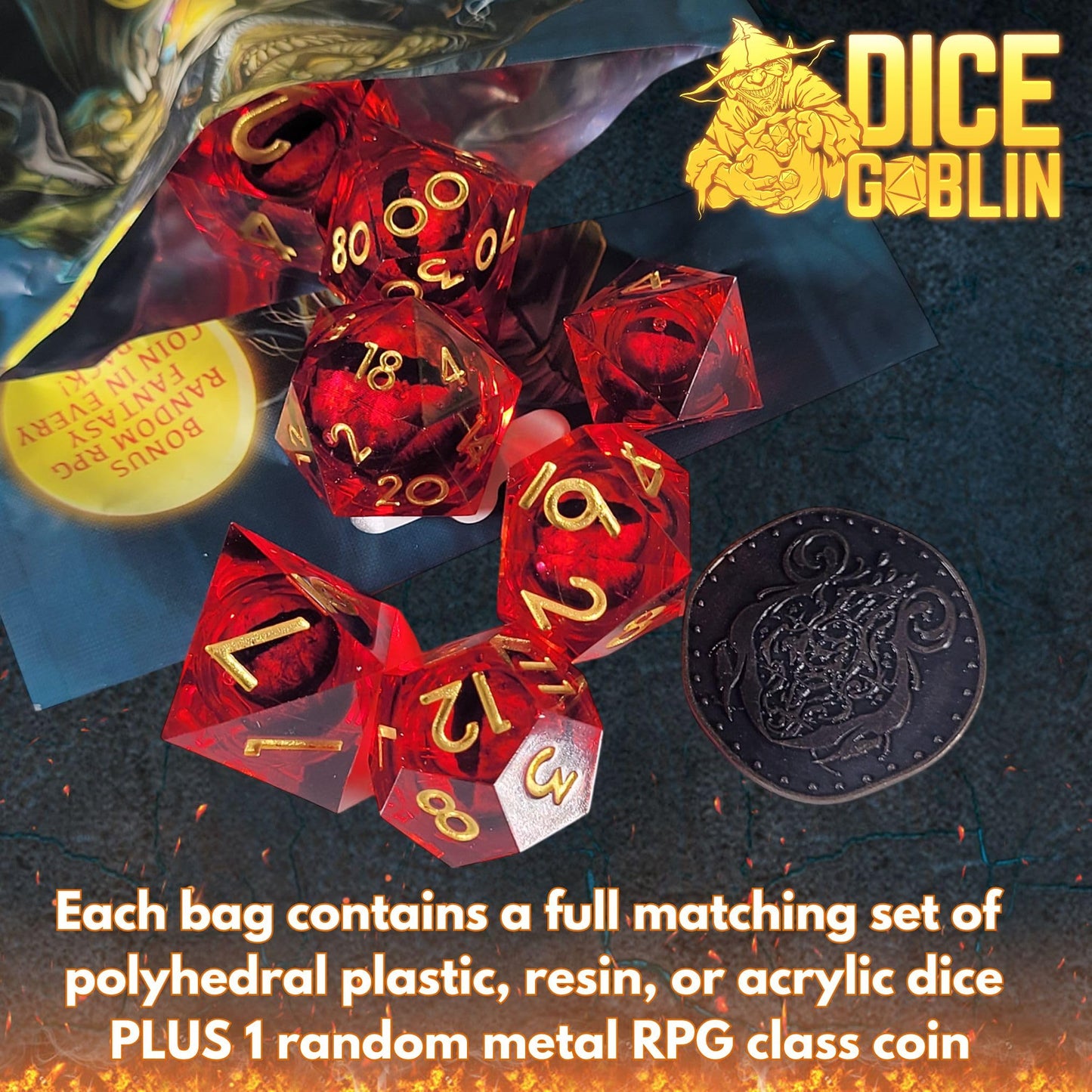 Forged Dice Co. Dice Goblin Mystery Dice Set of 7 - Resin or Plastic - with Mystery Metal RPG Class Coin