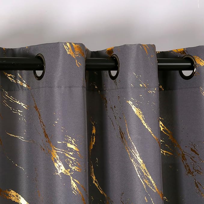 Taisier Home Gold Foil Print Linen Textured Curtains - Geometric Marble Pattern Design for Living Room - Light Filtering Window Treatment, 2 Panels, 84" L, Soft Grey and Gold