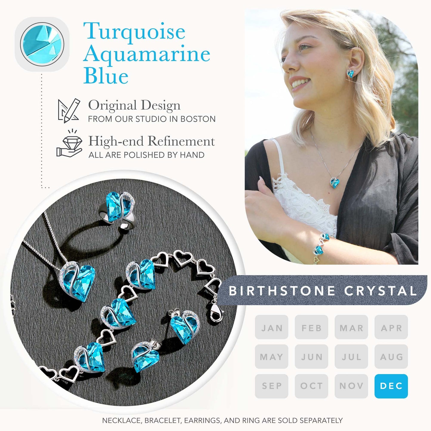 Leafael Infinity Love Heart Gift Bracelet for Women, December Birthstone Crystal, Turquoise Aquamarine Blue, Silver Tone, 7-inch Chain and 2-inch Extender