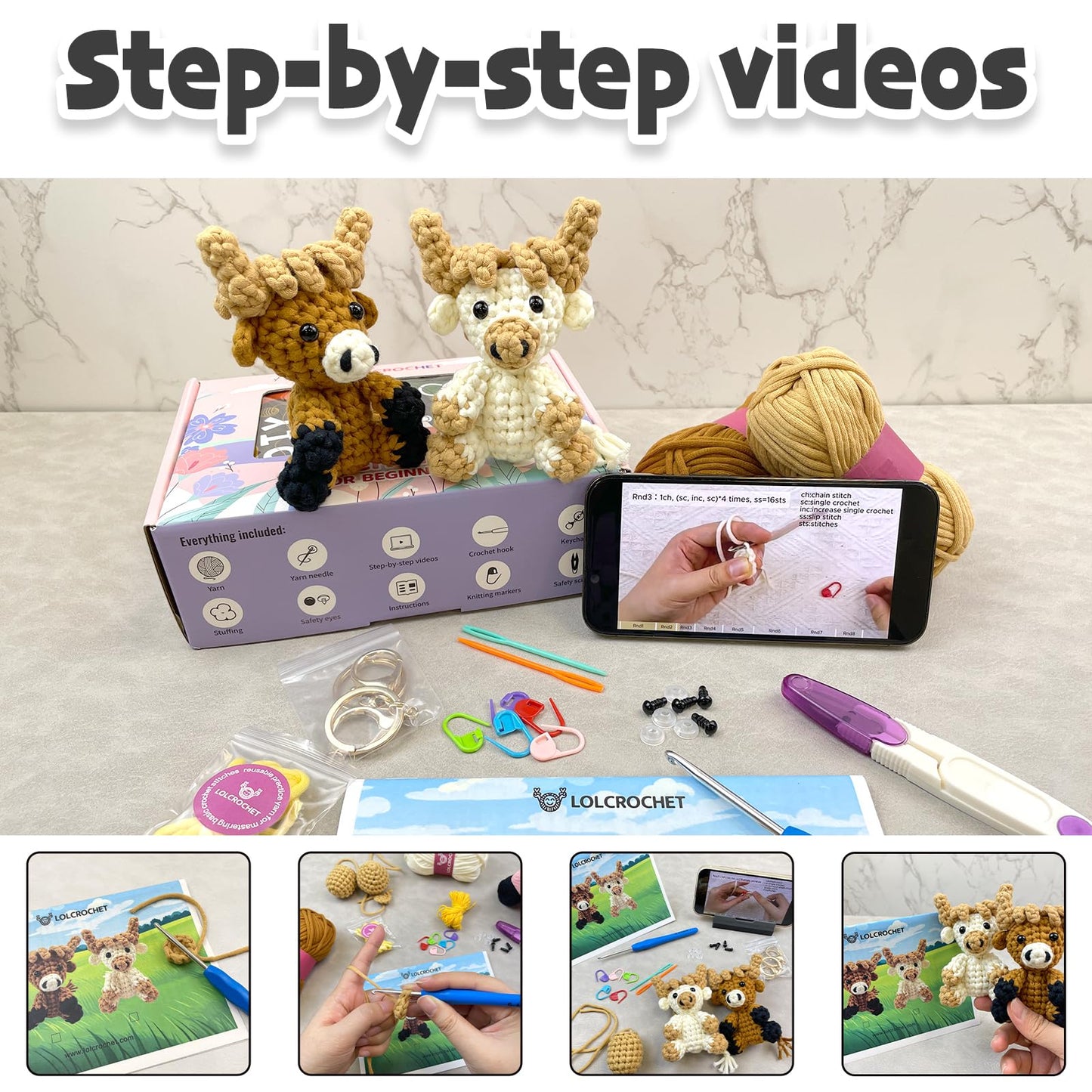 Cute Dragon Crochet Kit for Beginners, Learn to Crochet Starter Set with Step-by-Step Video Tutorial & Crocheting Manual, Easy Yarn Knitting Kit for Adult, Stuffed Animal Doll for Xmas Gift