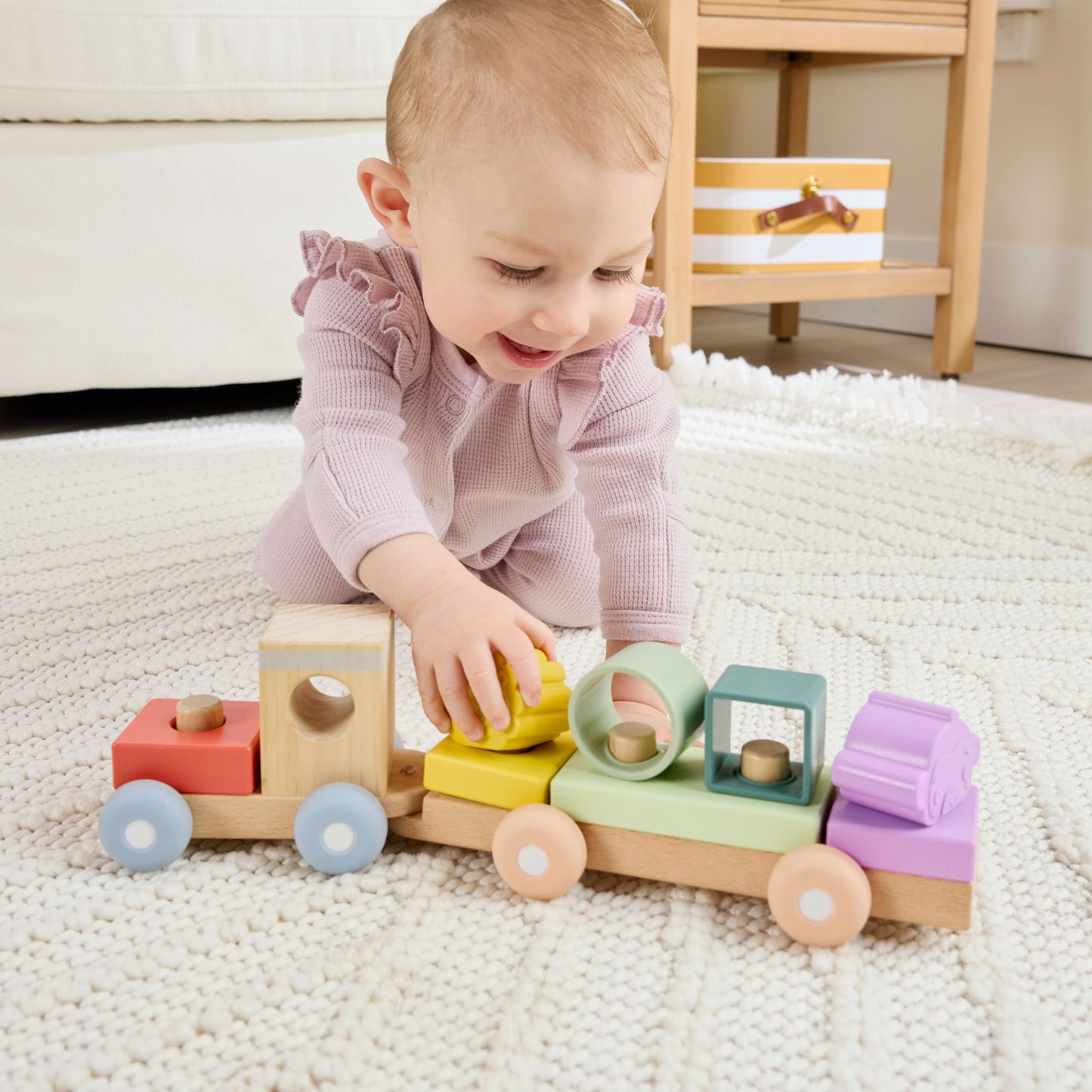 Fisher-Price Wood Baby Toy Stacking Train, 9-Piece Activity with Silicone & Wooden Blocks for Infants & Toddlers Ages 9+ Months