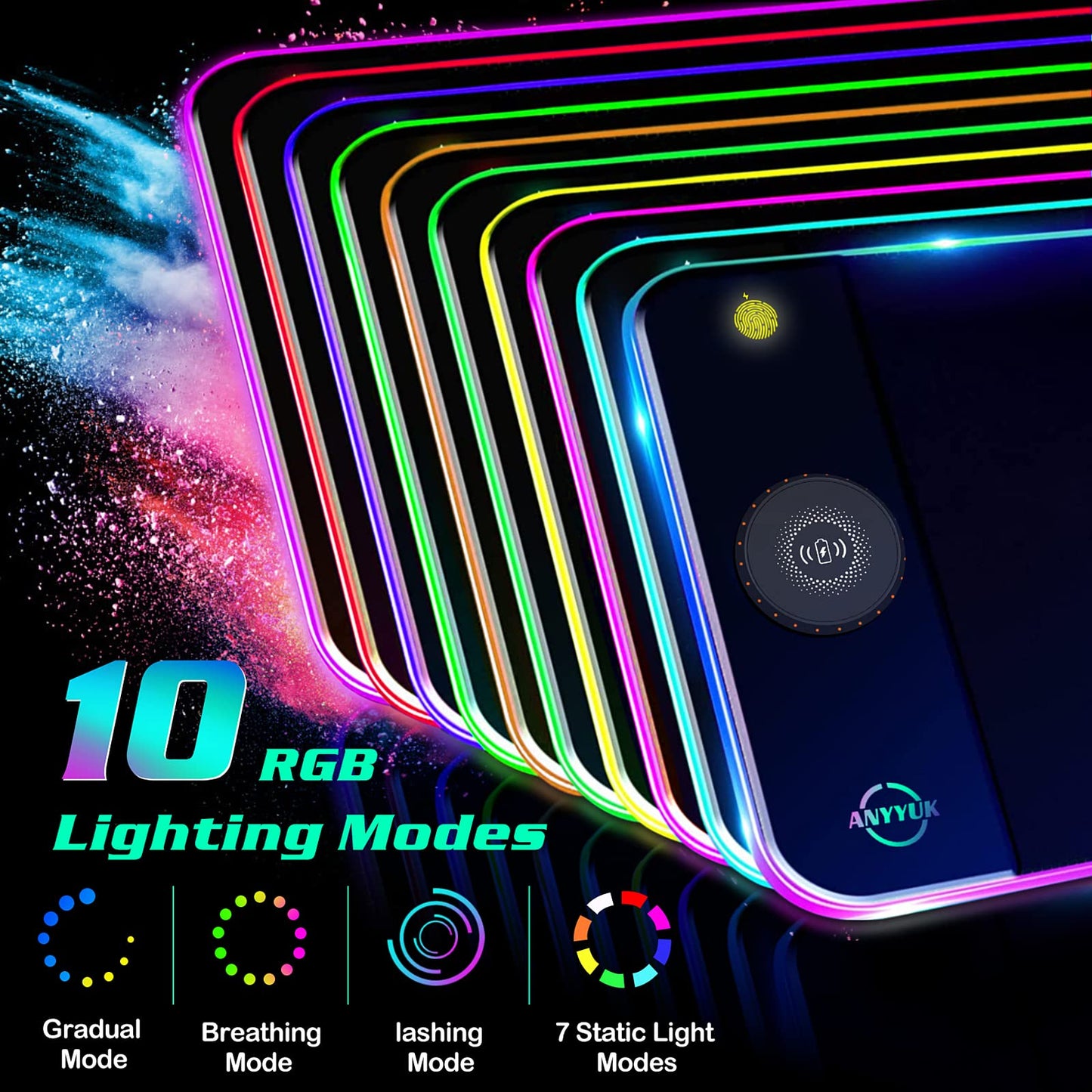 RGB LED Mouse Pad with 15W Wireless Charger Gaming Mouse Pad with 10 Light Modes, Extra Large Mousepad Non-Slip Rubber Base Computer Keyboard Mat for Men