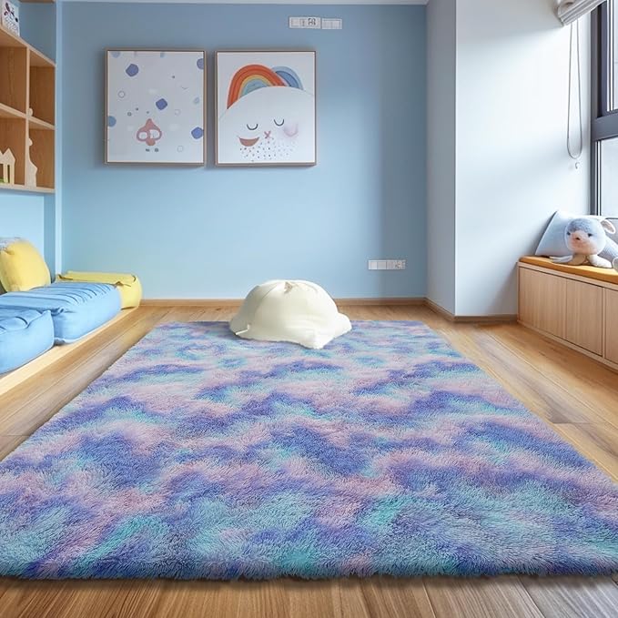 Shag Area Rug for Bedroom 5x8,Fluffy Area Rugs for Living Room,Soft Fuzzy Rug Non-Shedding Indoor Plush Carpet for Kids Bedroom Nursery Dorm Home Decor,Rainbow Purple