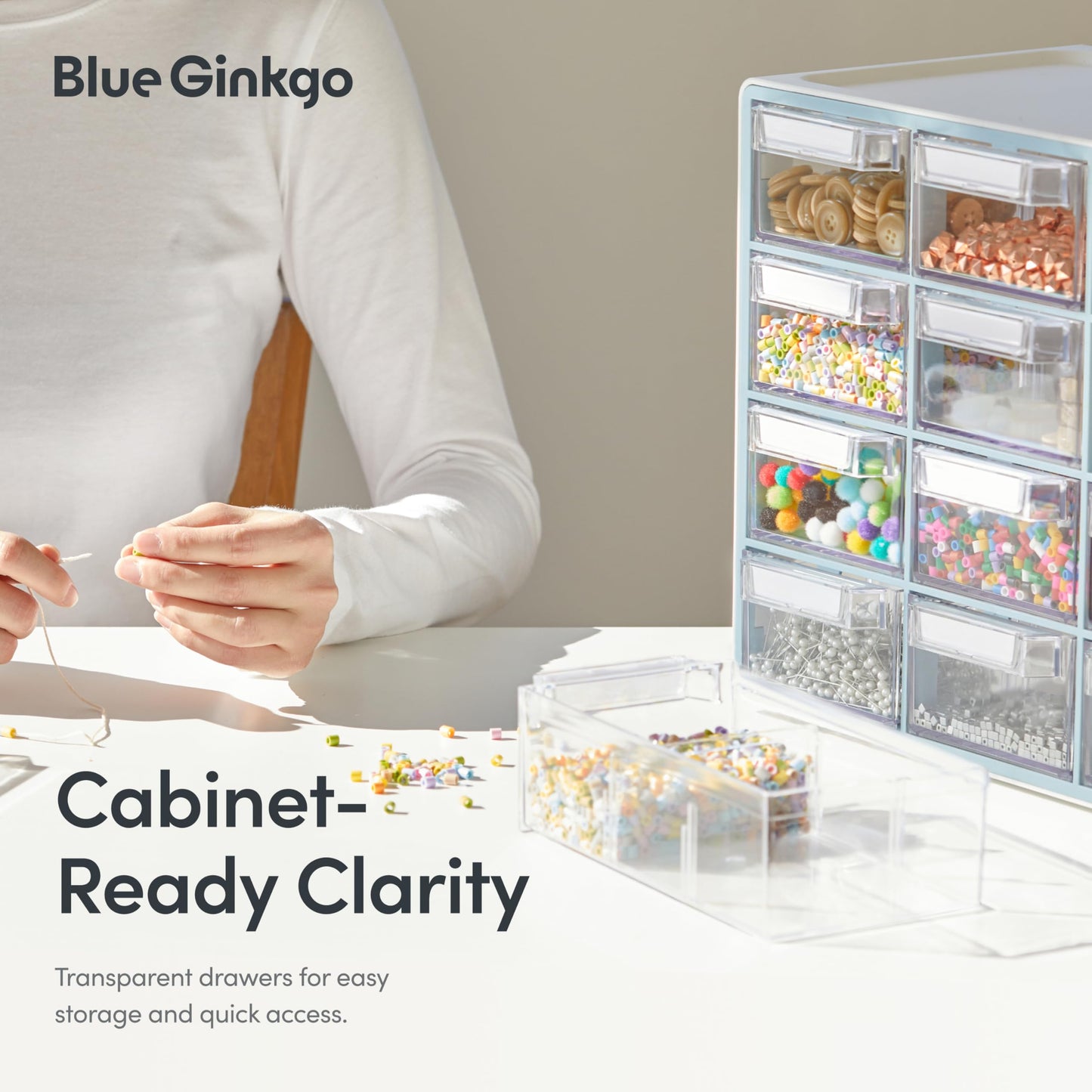 Blue Ginkgo Medium 16-Drawer Cabinet – Stackable Clear Organizer for Hardware, Beads, Plastic Bricks, Office, and Craft Storage (Made in Korea, Gray)