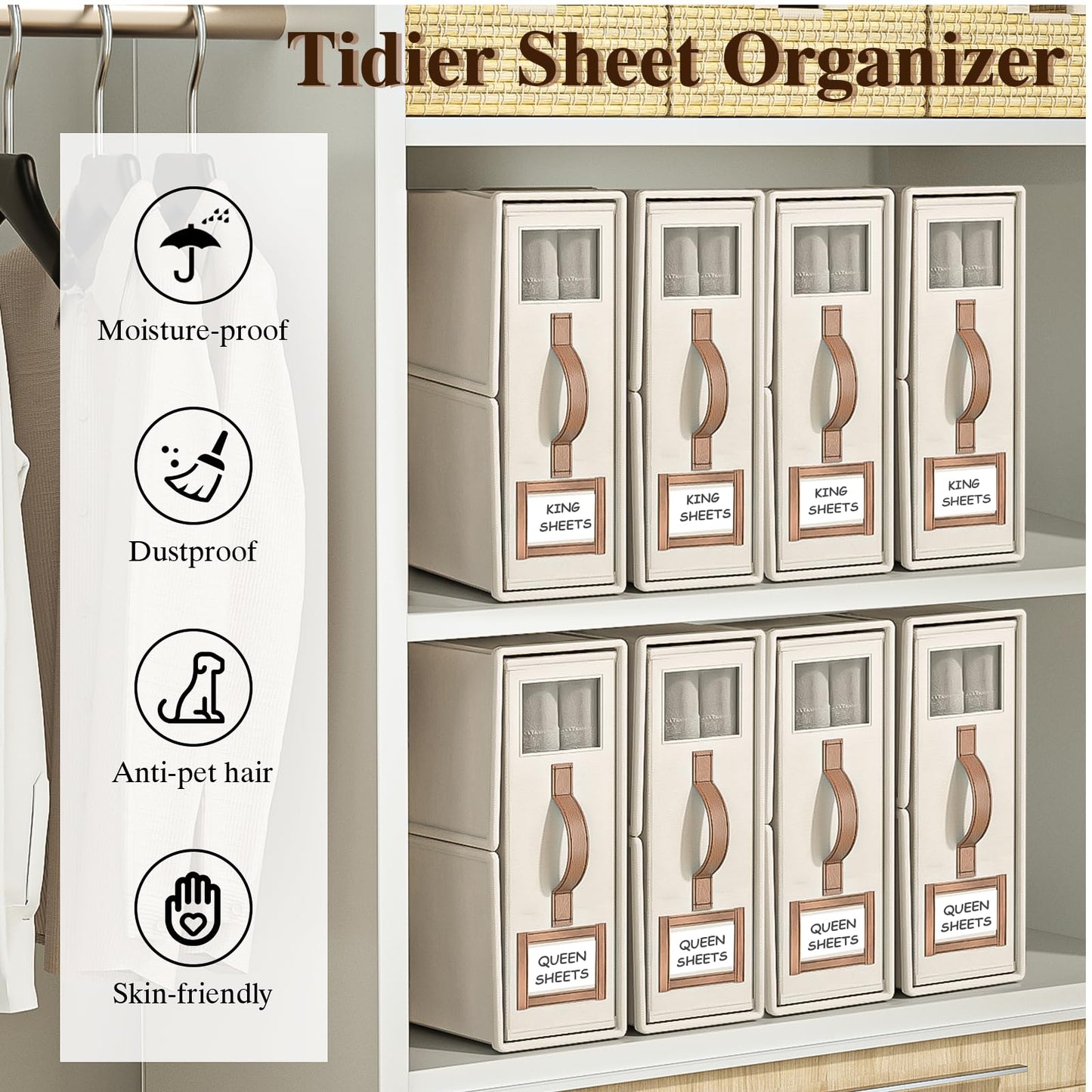 BigPonPon 4 Pack Foldable Bed Sheets Set Organizers and Storage(King & Queen Size),Linen Fabric Closet Organizers with Window,Folding Bedding Storage Box for Bedsheets and Pillow Cube Organizer-Beige