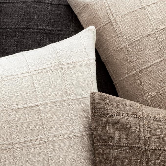 Foindtower Set of 2 Decorative Linen Check Throw Pillow Covers Neutral Farmhouse Vintage Cushion Covers Modern Boho Home Decor for Sofa Chair Couch Bedroom Living Room,24×24 Inch,Natural Beige