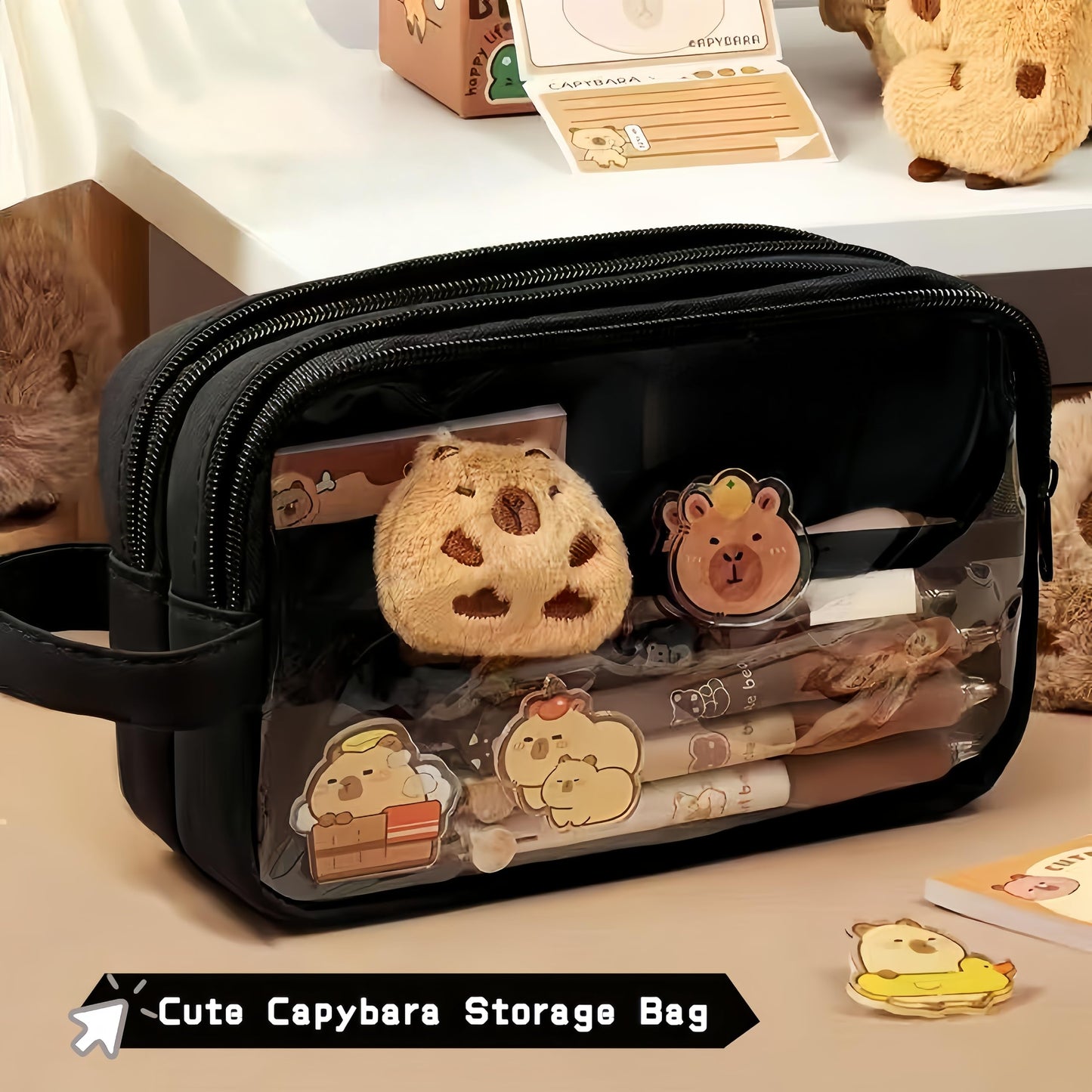 IN Chenthy Kawaii Capybara Pencil Case Kit with Plush +Notepad+Pendant+Stickers+Binder clips+Diary Clip+Pens, 5-Layer Large Capacity Capybara Stationery Set Gifts for Office, Makeup. (Black)