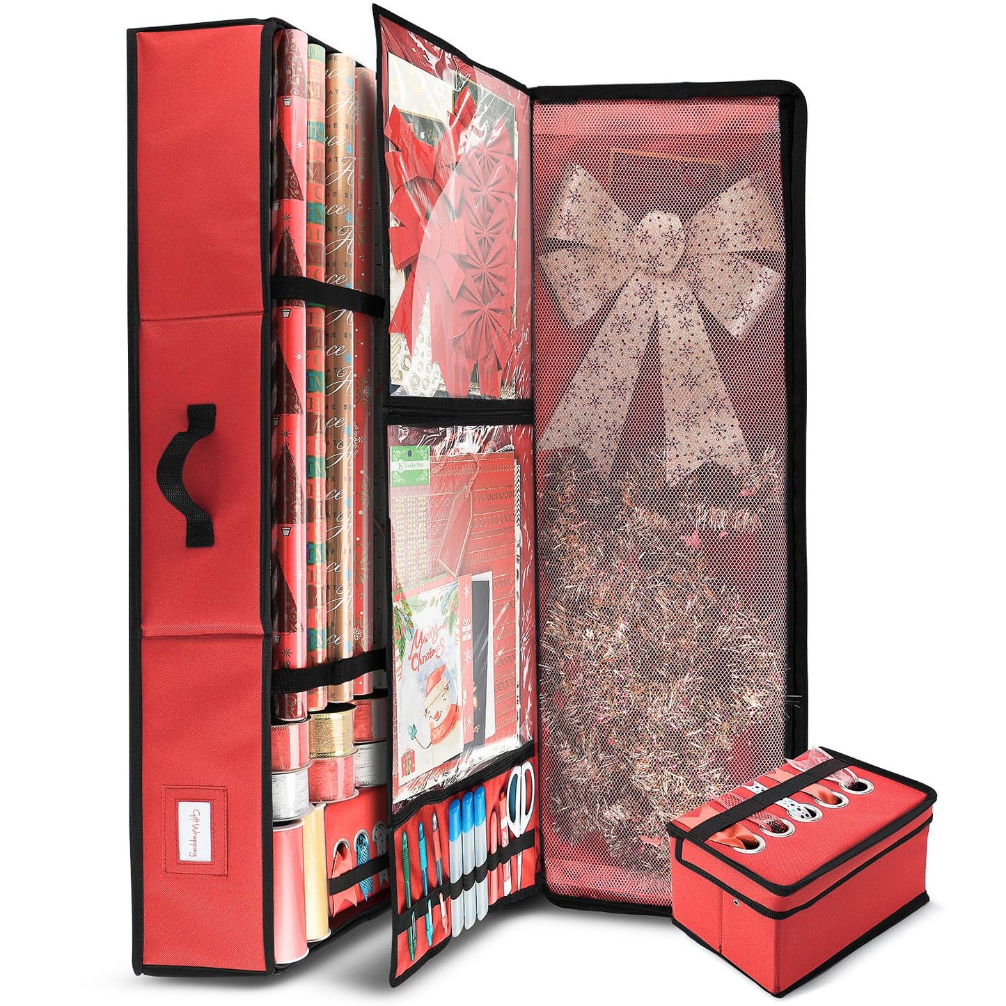 Hearth & Harbor Wrapping Paper Storage Container - Christmas Storage Bag with Ribbon Dispenser and Interior Pockets - Gift Wrap Organizer Fits Up to 26 Rolls of 40" Length, Red