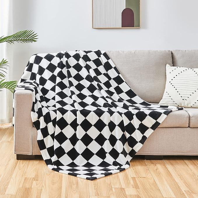 SOCHOW Checkered Flannel Throw Blanket, Soft Cozy Checkerboard Grid Pattern Fleece Blanket for Couch Bed Sofa, Black 50 x 60 Inches