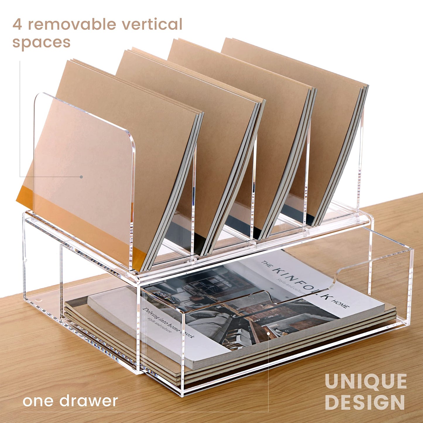 HeZone Desk Organizers and Accessories, Acrylic Desk Organizer with Drawer, Office Supplies Organization Storage, Clear Acrylic File Organizer for Desk - 1 Pack