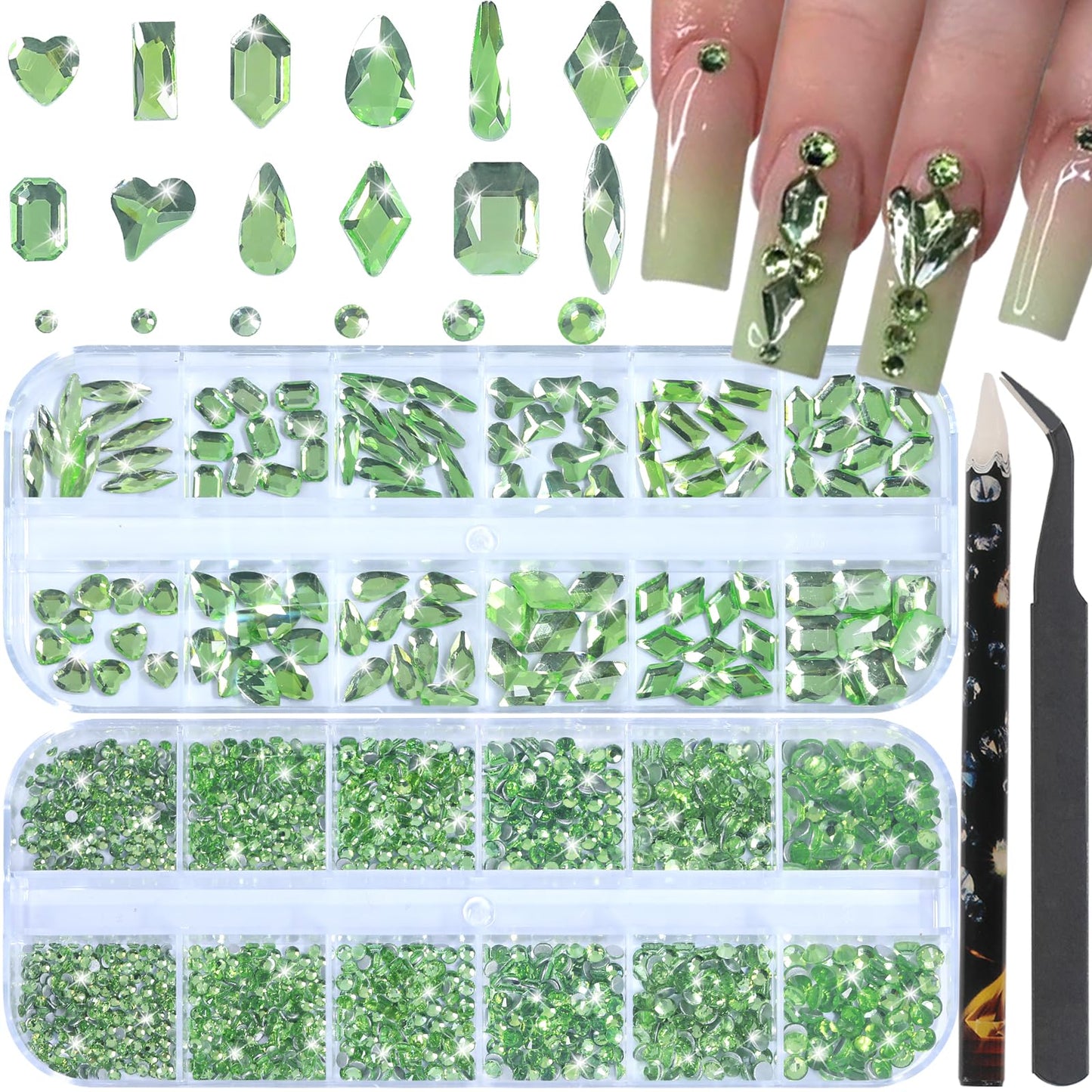 HNUIX Nail Rhinestones - 3D Multi Shape Size Crystal, Crystal Light Green, Flat Back, with Kit, for Nail Art, DIY Decorations