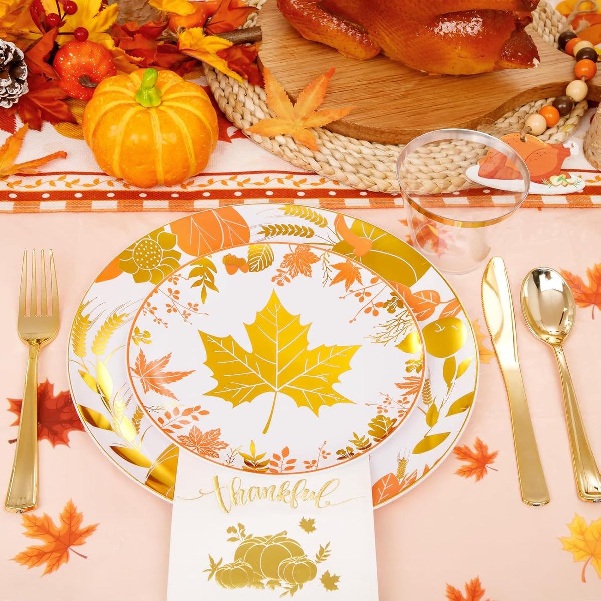 GATHER 176 Pieces Thanksgiving Plates- Disposable Gold Plastic Silverware- Thanksgiving Dinnerware with Maple Leaves Include 50 Plates 75Plastic Silverware 25Cups 25 Napkins and 1 Tablecloth