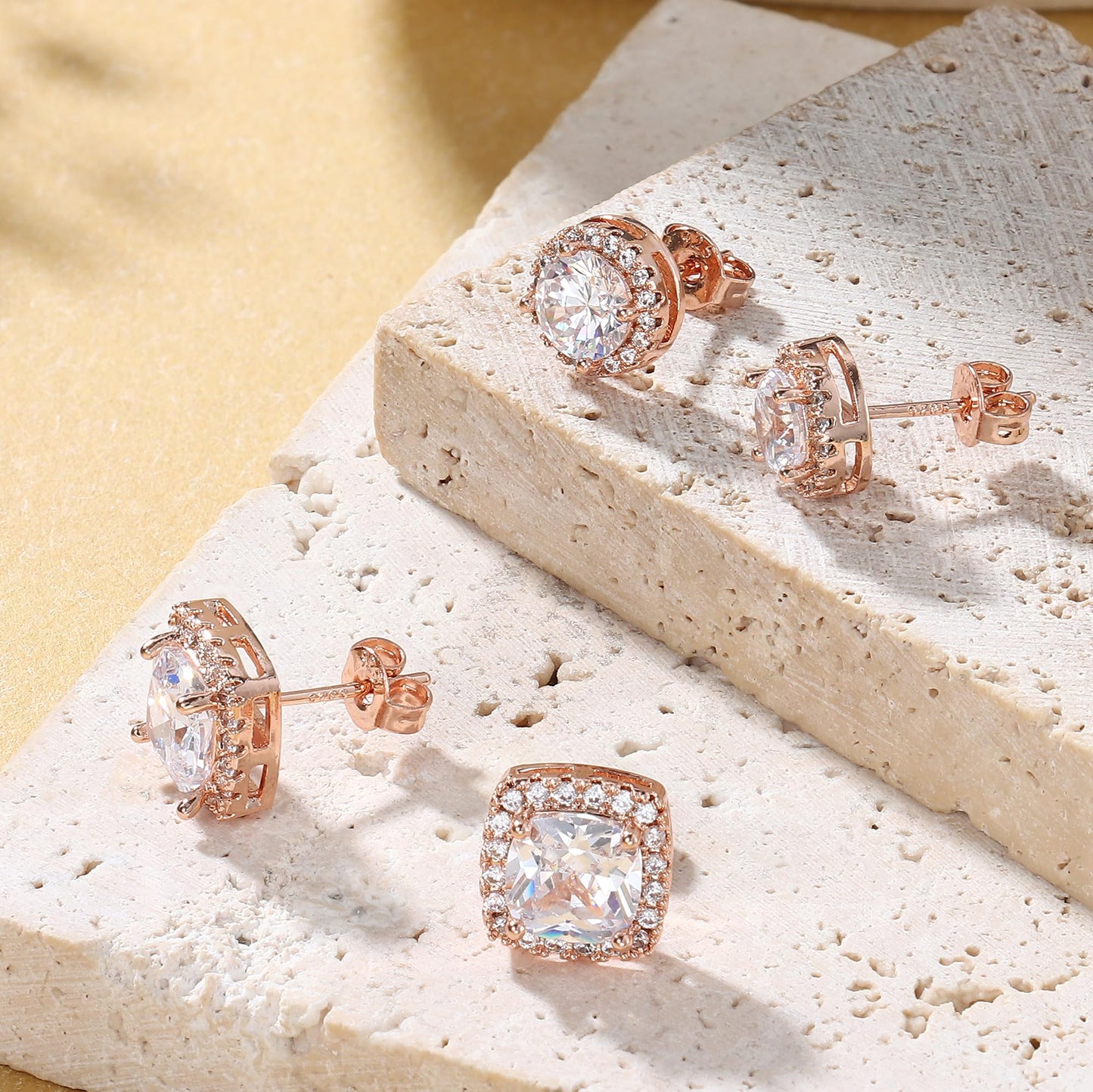 Hayoso Cubic Zirconia Stud Earrings for Women Men Sterling Silver Earring Post Hypoallergenic 14k Gold Plated Round&Square Earrings Rose Gold