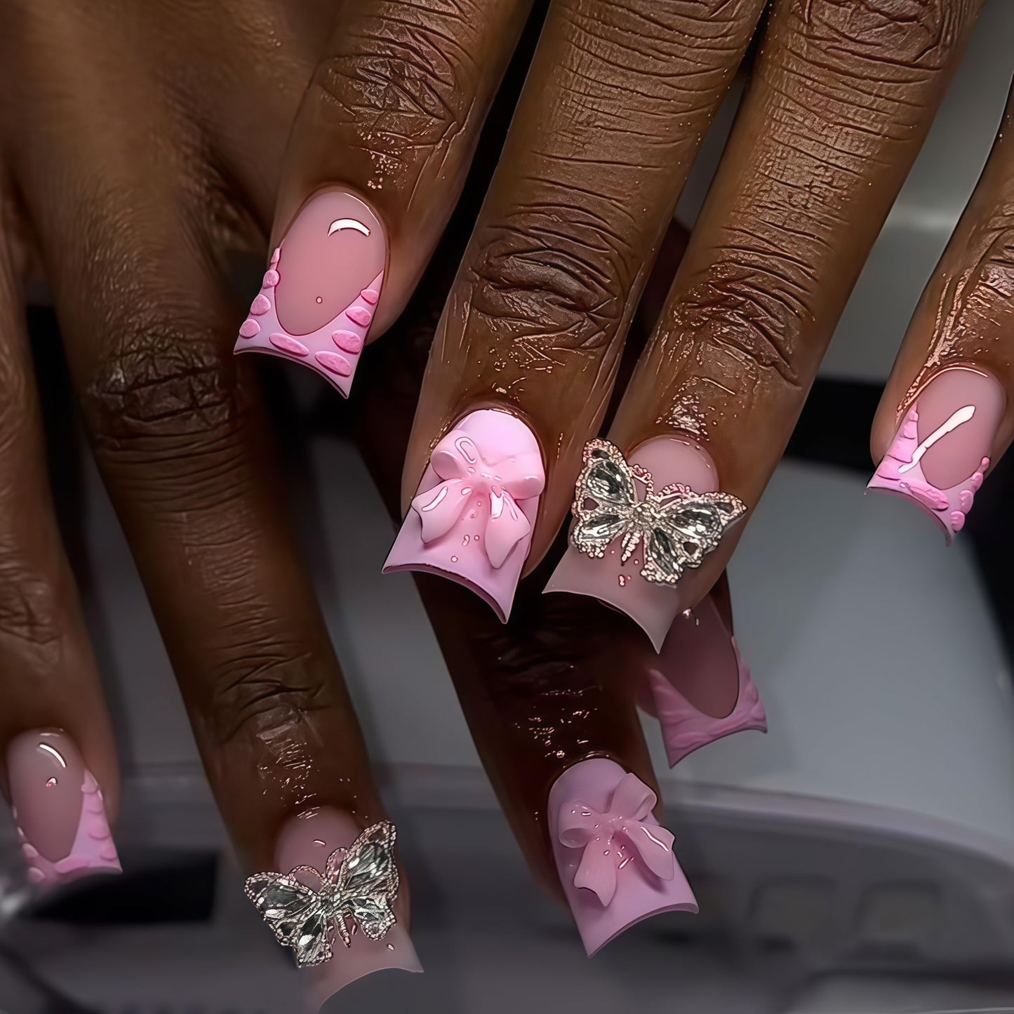 Medium Press on Nails Duck Fake Nails Pink Acrylic Nail Press Ons Seeneey Bow and Butterfly Designs Cute Stick on Nail for Women 24pcs
