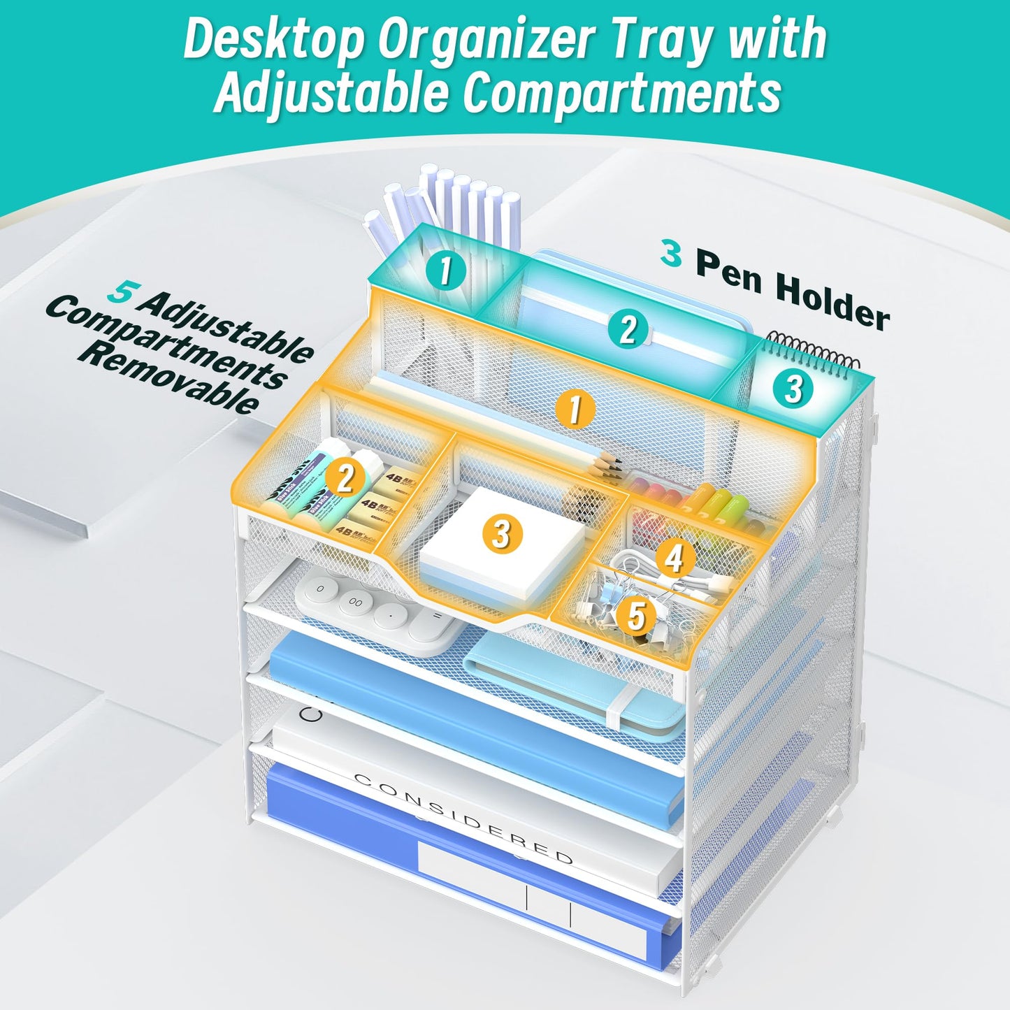 OrgMate 5 Tier Mesh Desk Organizer,Multi Functional Letter Paper Tray with 3 Pen Holders and 5 Adjustable Storage Compartments for Office Supplies Files and Mail Space Saving Desktop Organizer-White