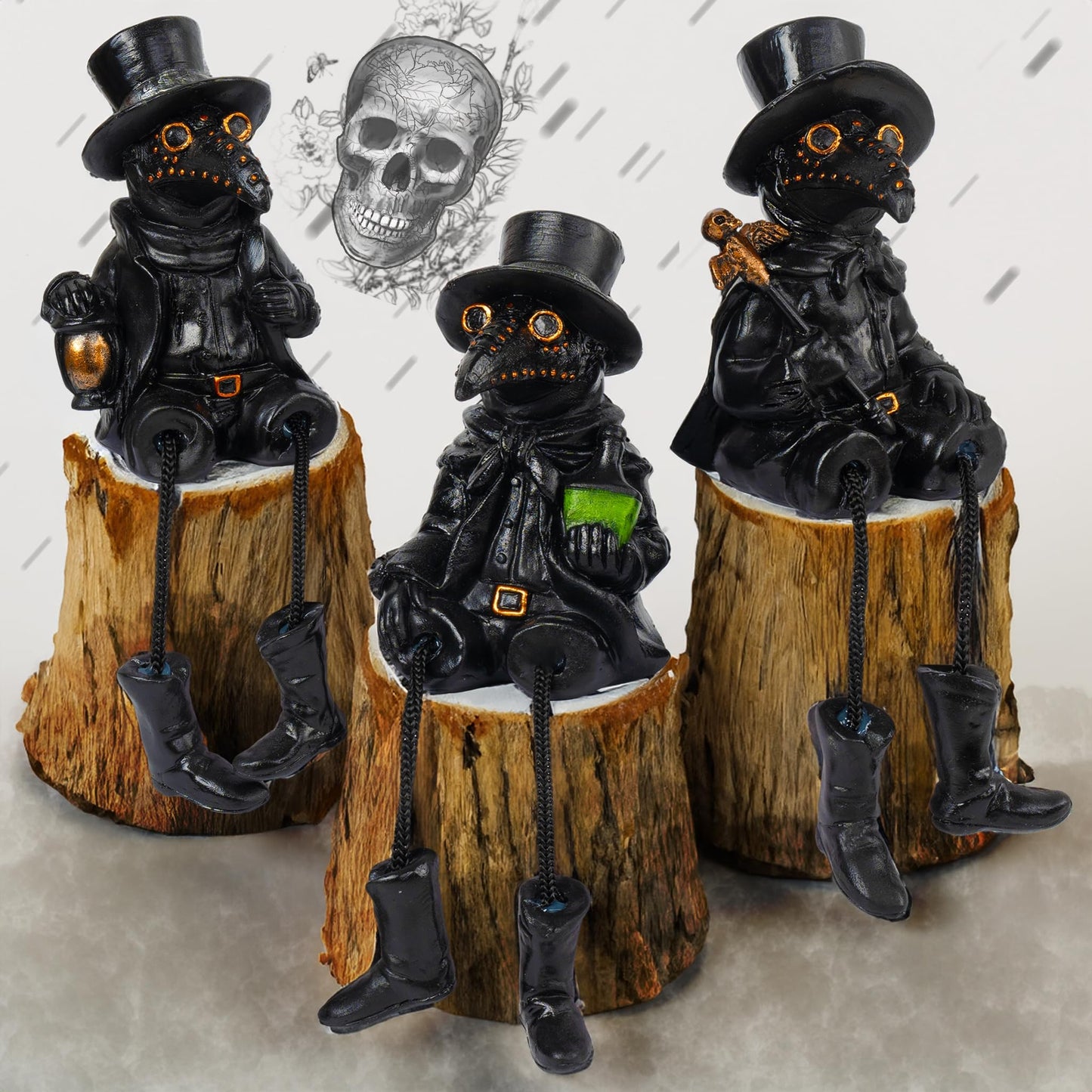 Dazzle Bright 3 Pcs Halloween Plague Doctor with Dangling Legs Figurines Decoration, Resin Gothic Scary Crow Table Fireplace Shelf Sitting Figurines Party Ornament Gifts for Indoor Home Decor
