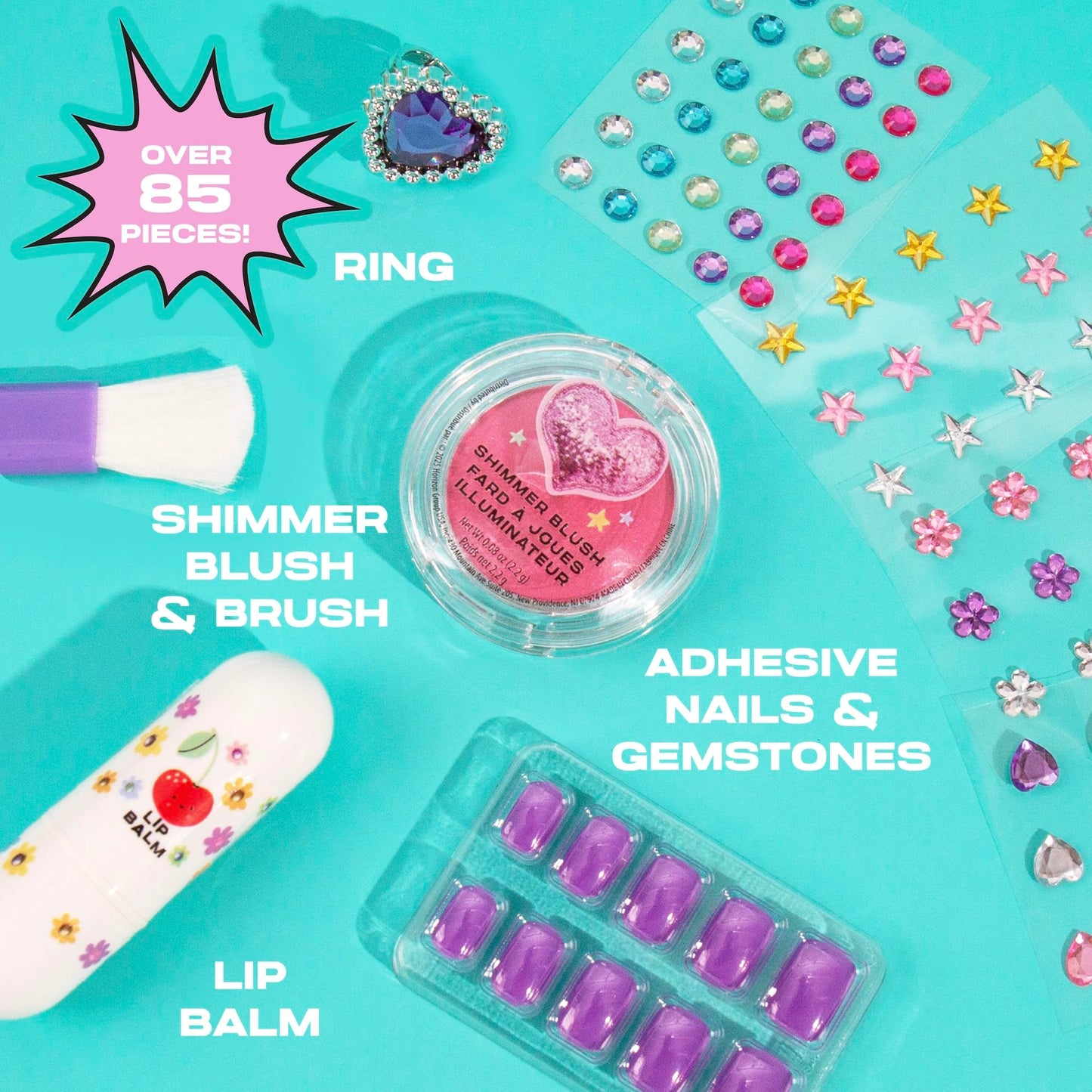 Wander Bloom Beauty Playset, Kids Makeup Kit with Over 85 Pieces, Including Press-On Nails, Lip Balm, Blush, and Face Gems, Pretend Dress-Up Toy for Girls