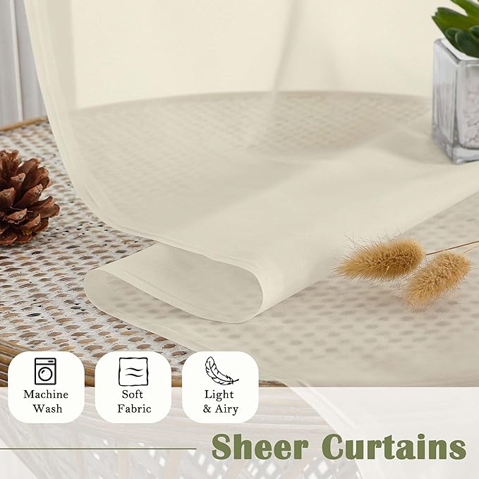 Lecloud Cream Sheer Curtains 120 Inches Long 2 Pcs, Rod Pockets Voile Living Room Curtains for Bedroom Decor, Light Filtering Farmhouse Drapes for Dining Room Windows, Each Panel 59" W x 120" L