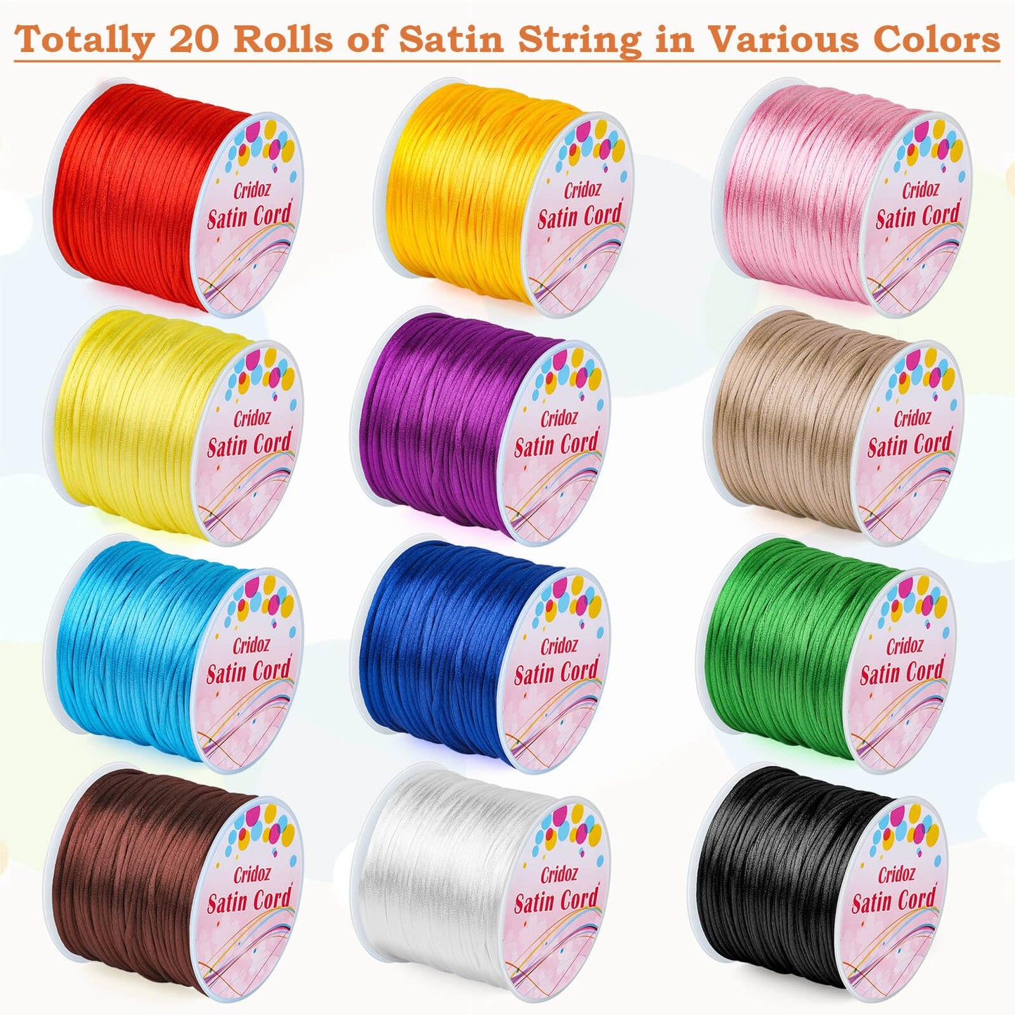 Cridoz 12 Rolls Nylon String for Bracelets, Satin Rattail Silk Cord Silky Beading String for Kumihimo, Braided Bracelets, Pendants Necklace, Macrame Craft, Keychains Lanyards, Jewelry Making