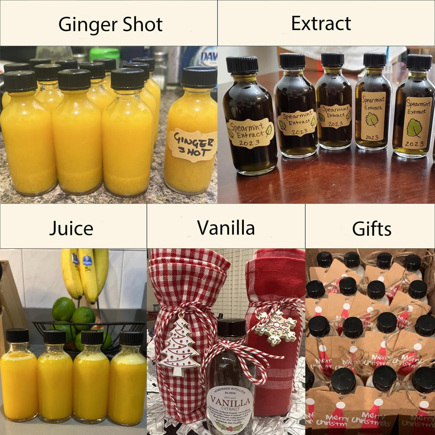 DIDITIME 24 Pack Glass Bottles With Caps, 2 oz Jars With Lids for Ginger Shots, Vanilla Extract, Juice, Oil, Wellness Shot, Hot Sauce - Mini Decorative Bottles