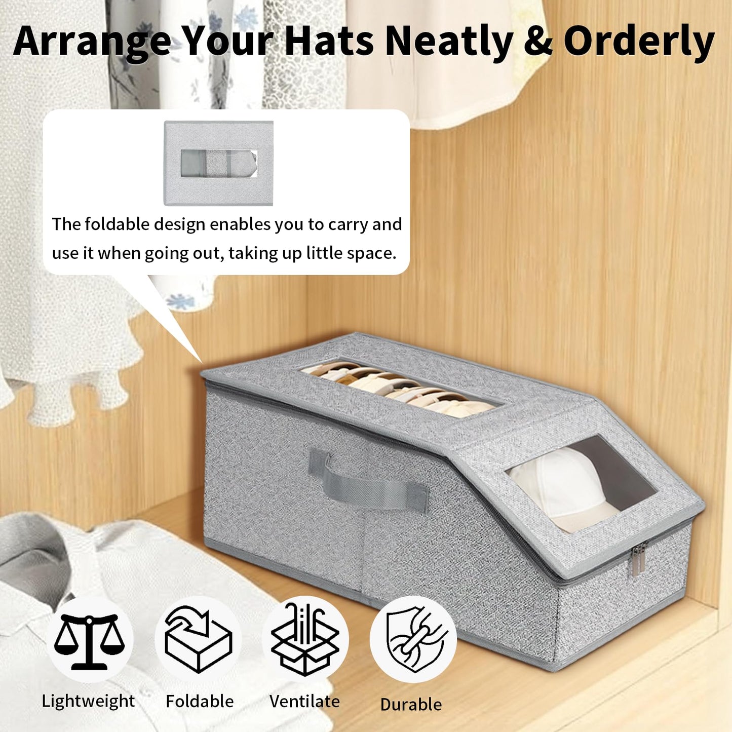 2 Pack Hat Storage Boxes for Baseball Caps - Stackable Clear Hat Organizer Box with Window Lid, Dustproof Closet Hat Case for 20-30 Caps, Large Foldable Ball Cap Storage Organizer for Men & Women