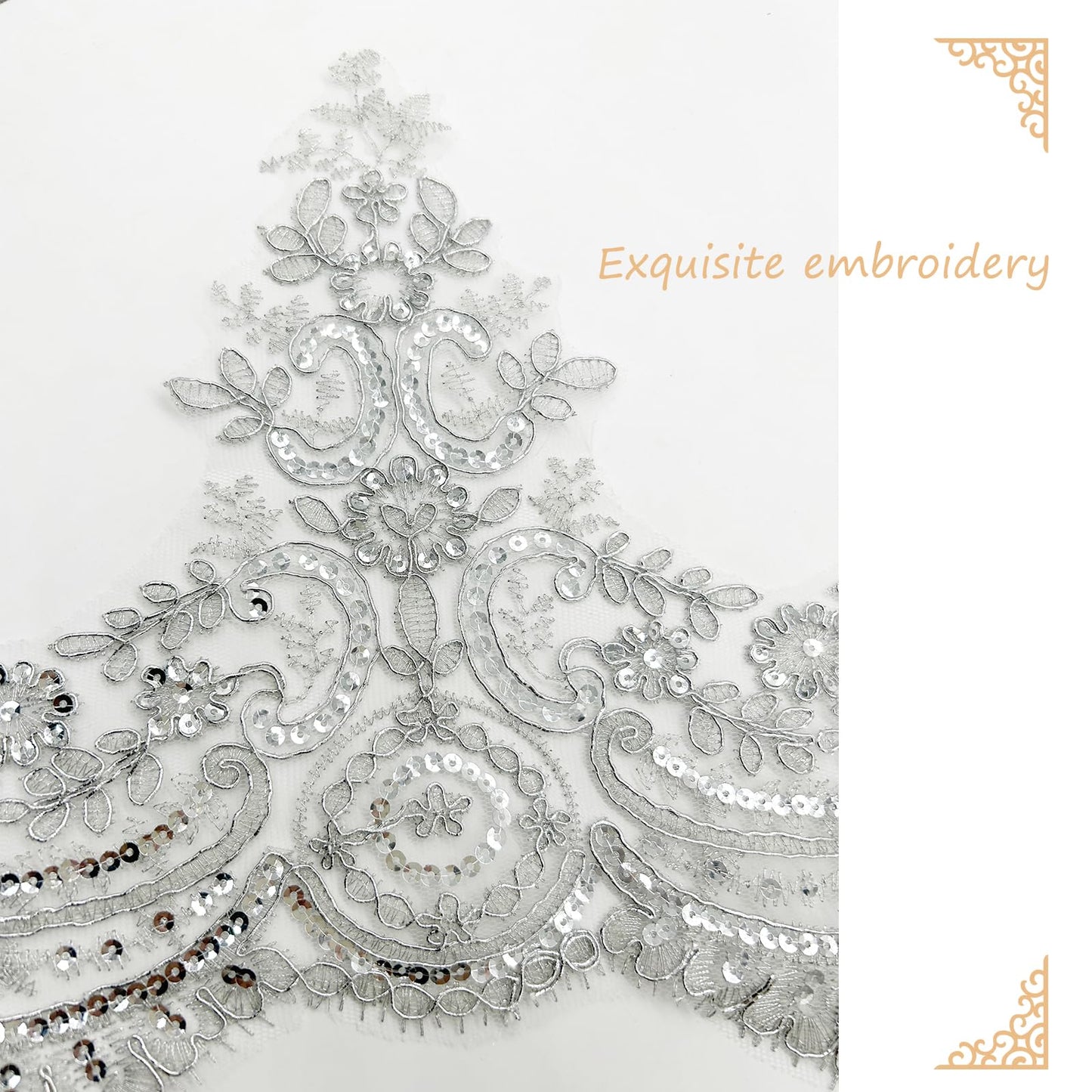 3 Yards 9 Inches Width Silver Beaded Lace Trim, Sequin Flower Embroidery Ribbon, Sequins Mesh Trim, Edging for Sewing Craft Supplies Fabric Bridal Wedding