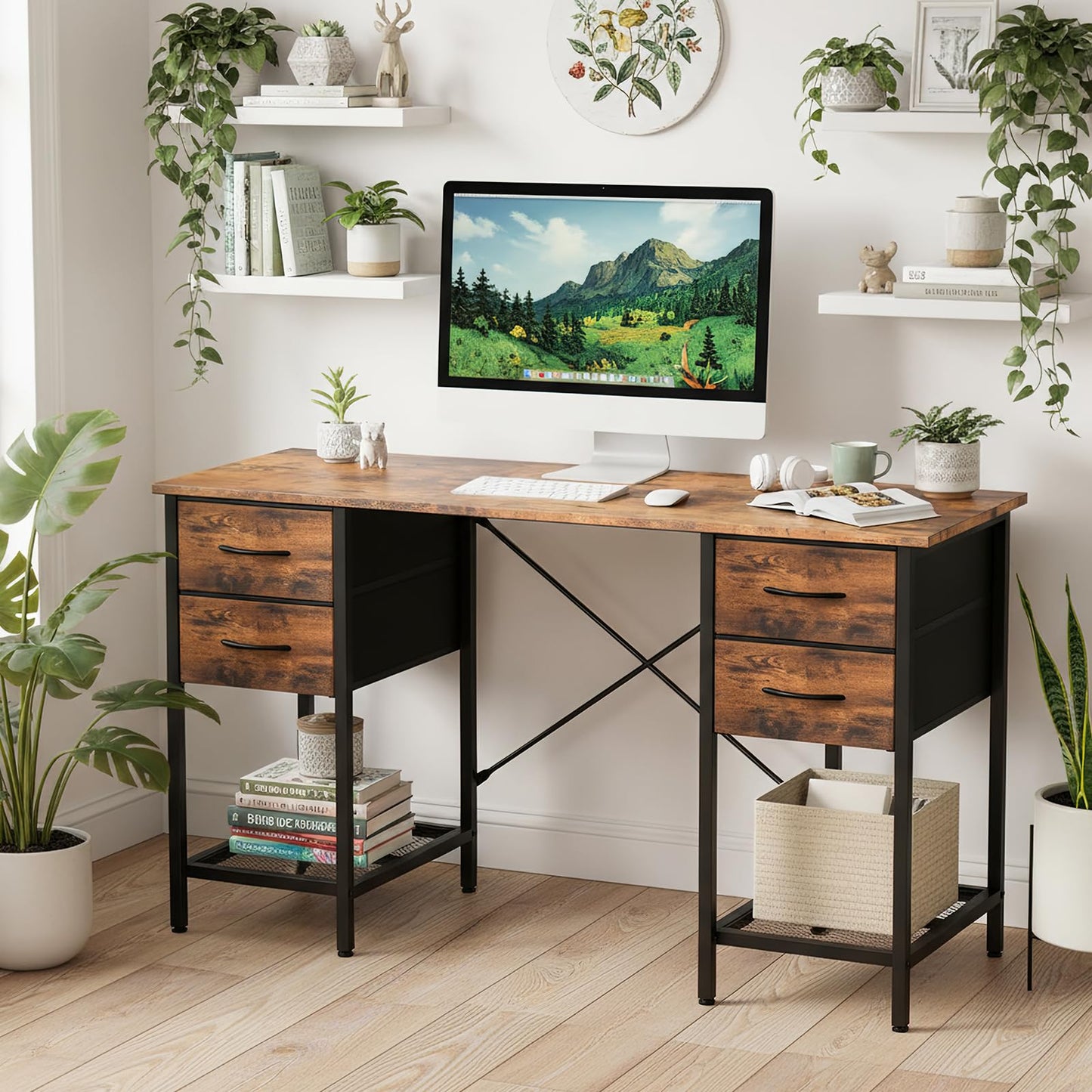Sweetcrispy Computer Desk with Drawers, 55 Inch Home Office Bedroom Table with 4 Fabric Drawers & 2 Mesh Storage Shelves, Wood Table with X-Shaped Structure for Writing Study PC Desk, Brown