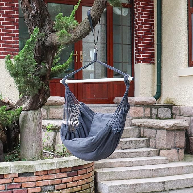 Highwild Hammock Chair Hanging Rope Swing - Max 500 Lbs - 2 Cushions Included - Steel Spreader Bar with Anti-Slip Rings - for Any Indoor or Outdoor Spaces (Grey)