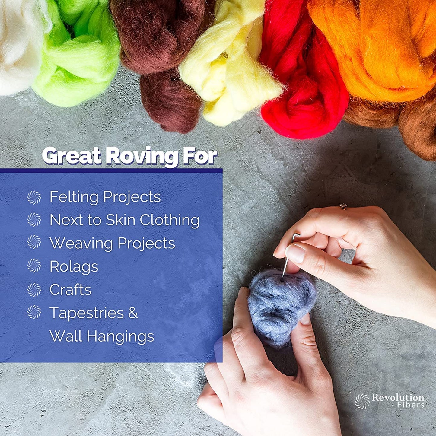 Revolution Fibers Merino Wool Combed Top | 1 lb Premium Wool Roving | 22 Micron, Best Merino Wool for Spinning, Tapestry, Needle Felting, Big Yarn Roving and Wall Hangings (Charcoal Black)
