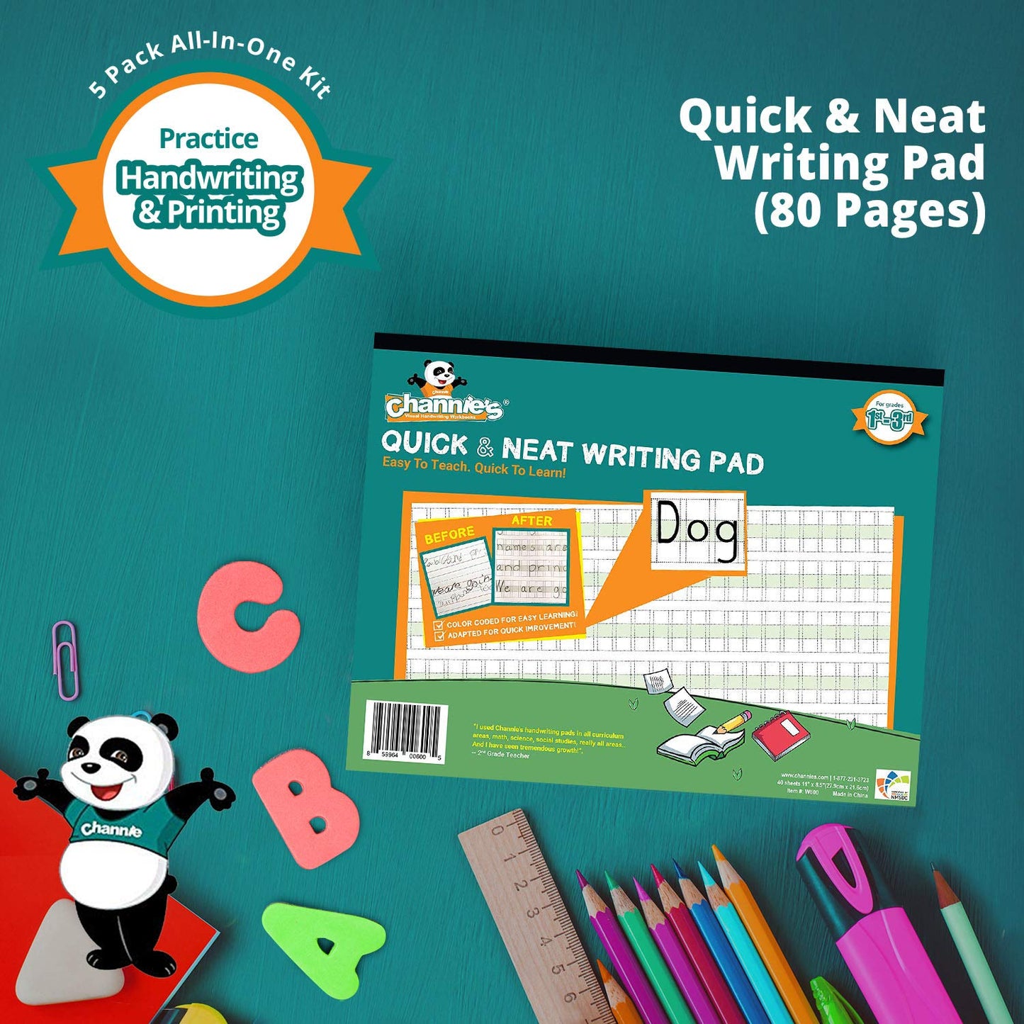 Channie’s All-in-One Kit, with Double & Triple Digit Math Practice Worksheets, Writing Pad, Math Line-Up Pad, Easy Peasy Cursive Handwriting Workbook for Kids, Free ABC Card