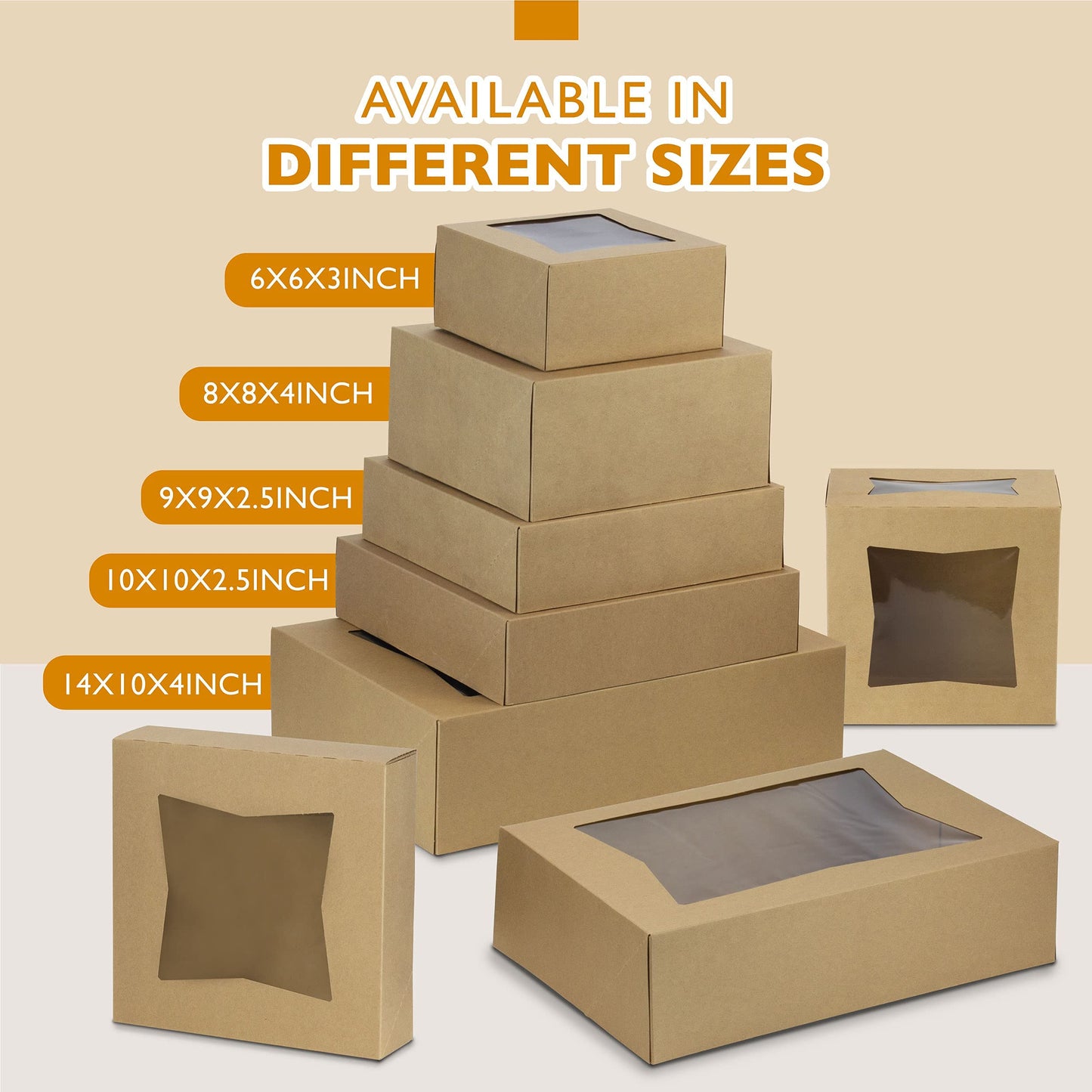 Fit Meal Prep 25 Pack Cake Boxes with Window 8x8x4 Auto Pop-Up Bakery Containers for Dessert, Cookies, and Pastry Gift Treat Box for Packaging Cake Carrier for Valentine's Day, Christmas Kraft