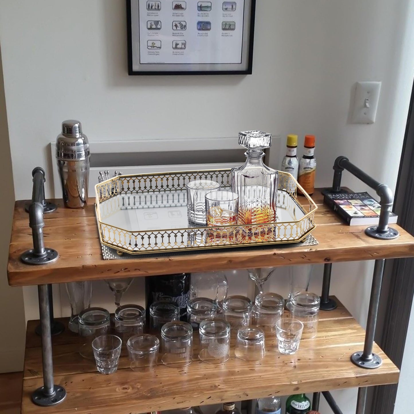 Bar Cart Tray, Decorative Mirrored Tray with Handles, Large Capacity Organizer, Gold