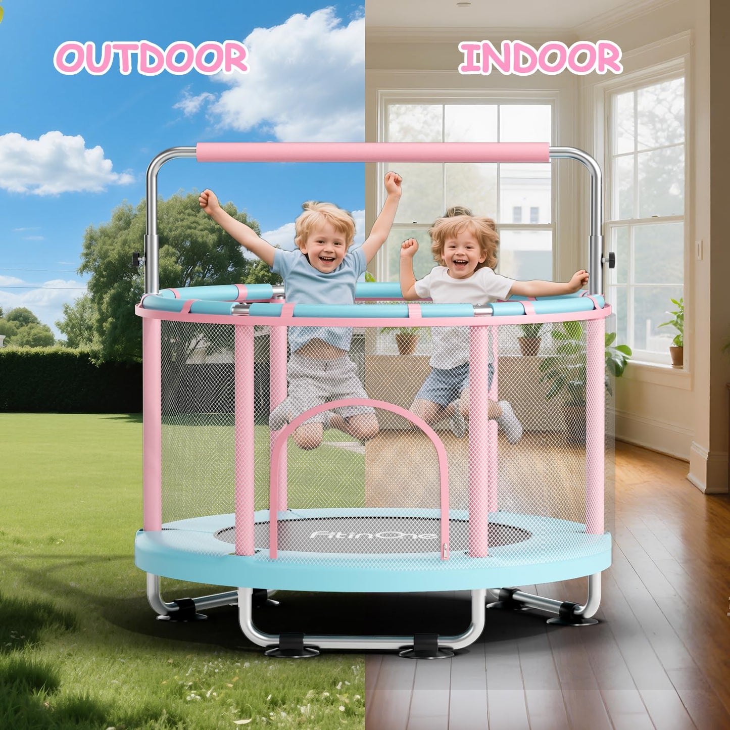 FitinOne 55" Toddler Mini Trampoline for Kids, Indoor Outdoor Toys with Swing, 440lbs Baby Kids Trampoline, Gymnastics Bar, Birthday Gifts for Boy Girl Age 1-8