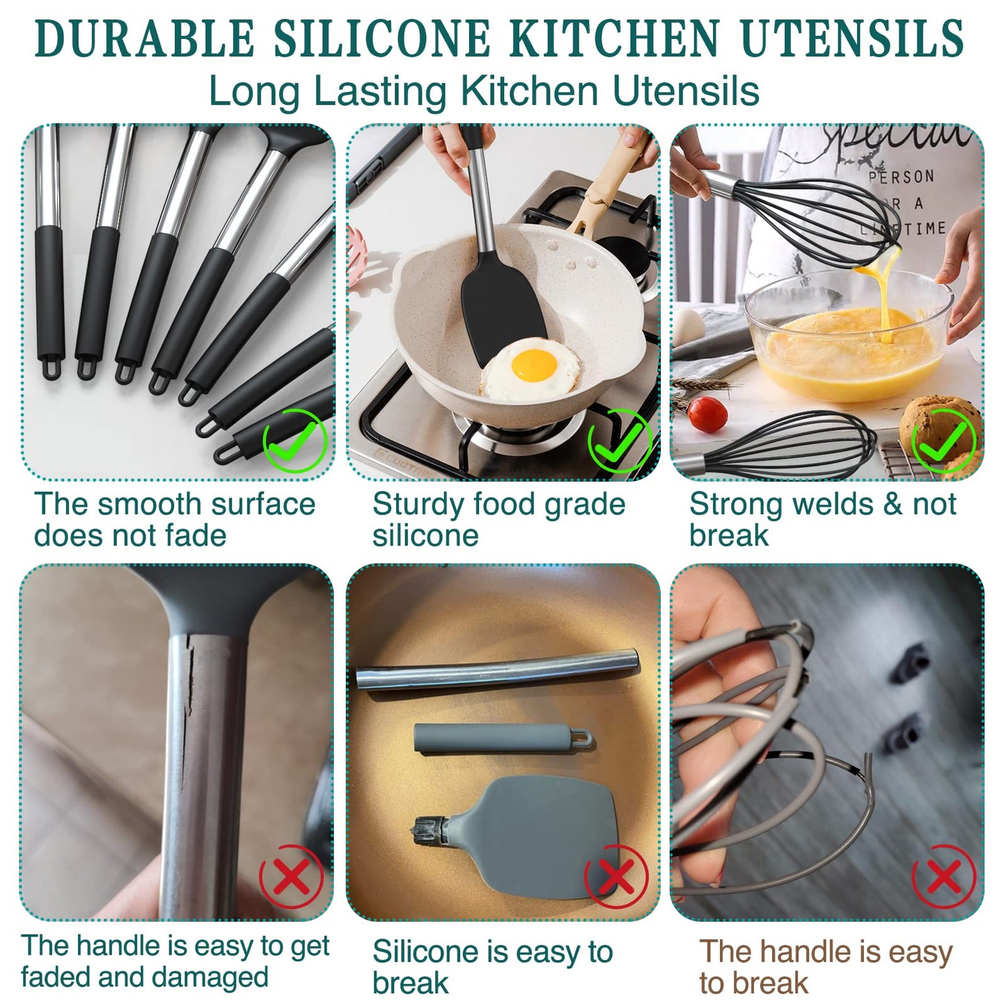 Stainless Steel Kitchen Cooking Utensil Set, Umite Chef 15 pcs Cooking Utensils - Nonstick Kitchen Utensils Cookware Set Spatula Set -Kitchen Gadgets Utensils Set, Kitchen Tools Gift (Gray)