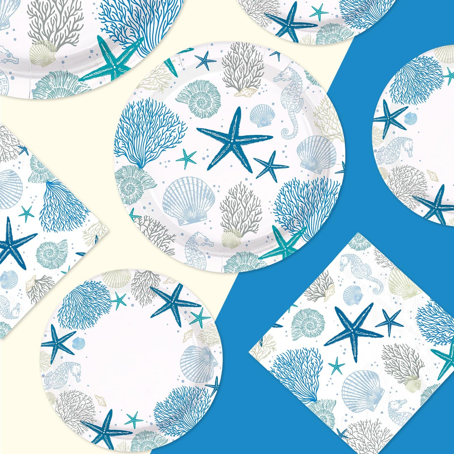 Greencian 250Pcs Ocean Coastal Party Decorations Blue Seashell Starfish Coral Plates Napkins Cups Beach Ocean Sea Tableware Set for Summer Beach Holiday Birthday Dinner Party Supplies Serves 50
