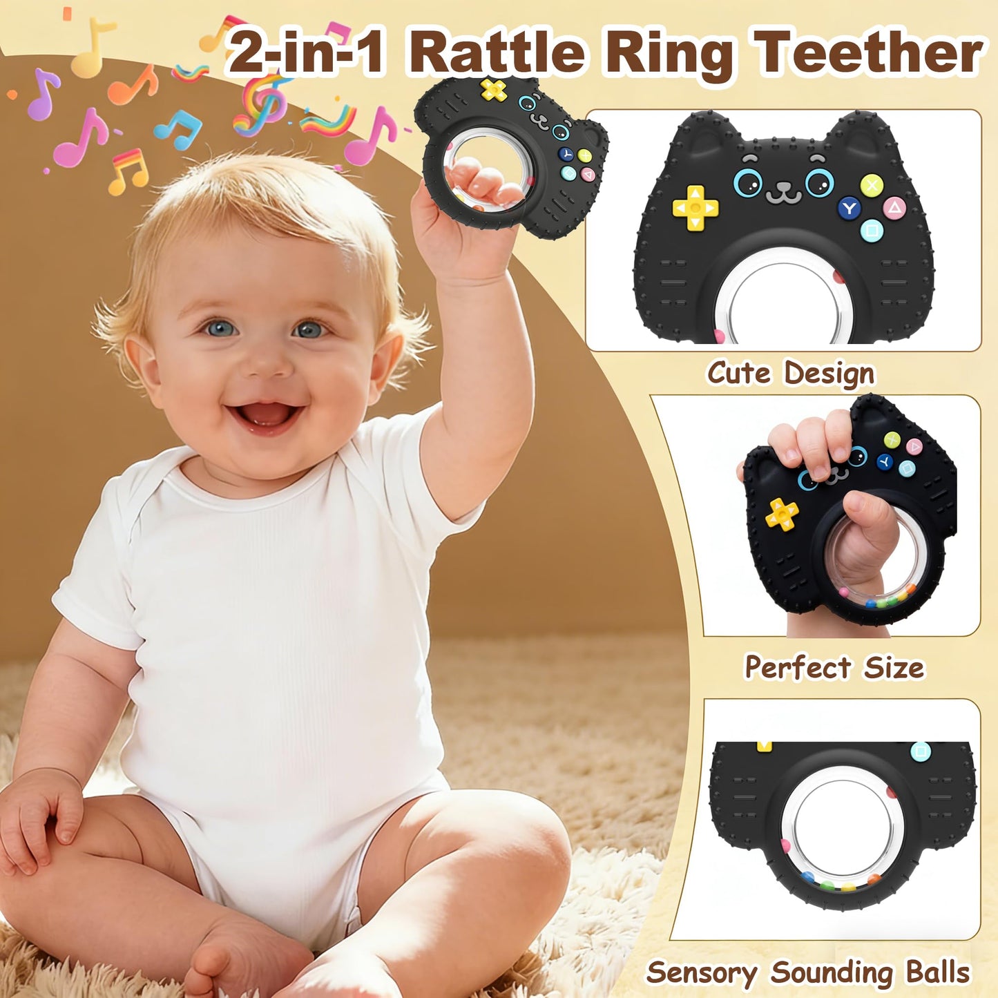 2Pack Teething Toys for Baby 3-6 Months, Teethers for Babies 6-12 Months, Remote Rattle Ring Teether for Baby, Sensory Toys for Babies, Baby Chew Toy