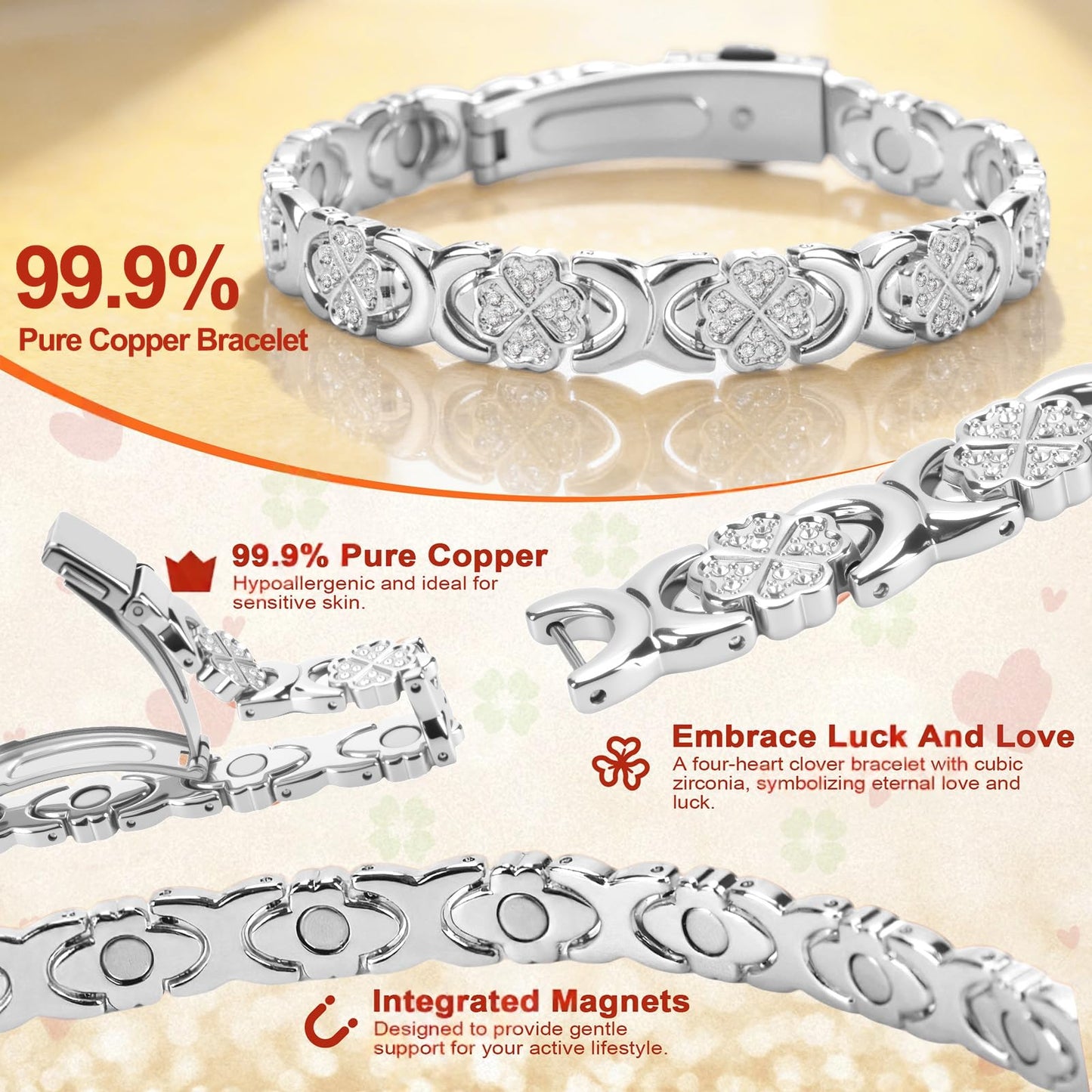 vapeples Copper Bracelets for Women, 3800 Gauss, 99% Pure Copper Magnetic Bracelet, Adjustable Sizing, Four-Leaf Clover Women's Bracelets with Sparkling Cubic Zirconia, Gift Packaging