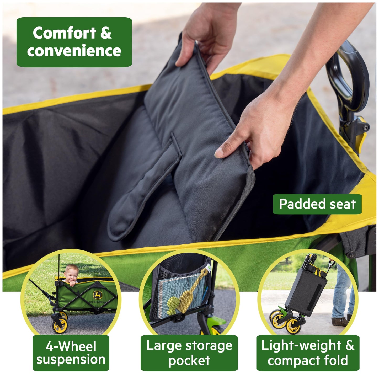 Bright Starts John Deere Pop 'N Ride Stroller Wagon, Foldable with Sun Shade 50+ SPF Protection, Seats 2 Kids at Once, Green & Yellow Unisex