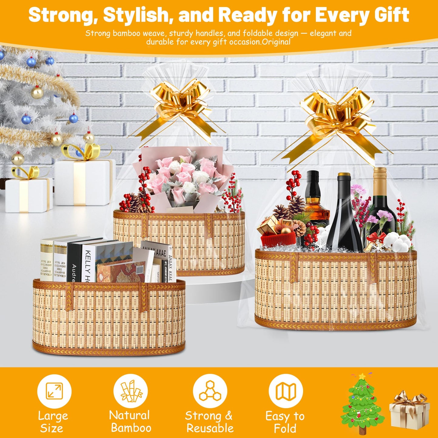 Leevcok 3 Set Baskets for Gifts Empty, Large Bamboo Gift Basket with Handle, Foldable Reusable Decorative Woven Basket for Christmas, Baby Shower, Mother's Day, Housewarming, Wedding