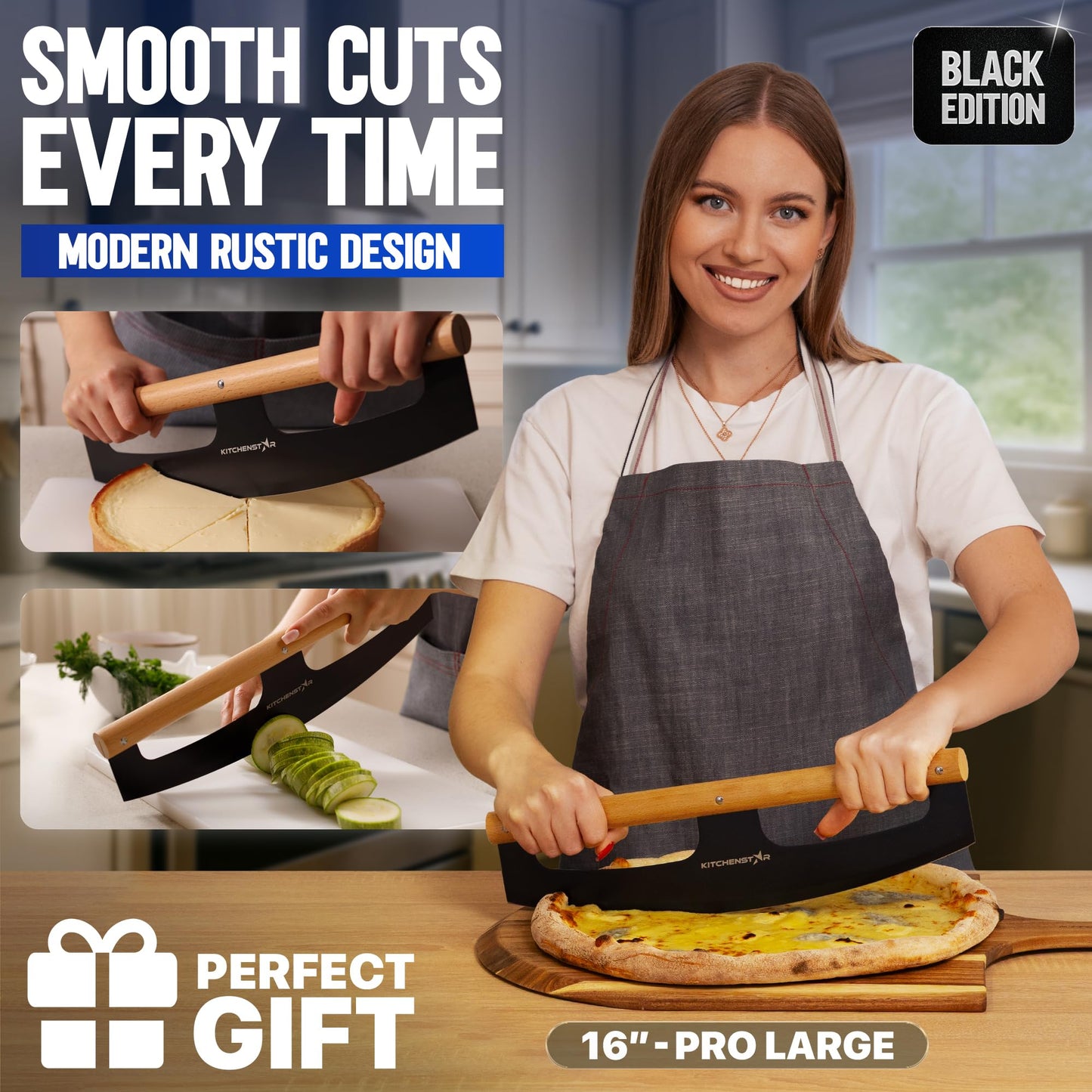 KitchenStar 16-Inch Pizza Cutter Rocker Blade - Razor Sharp Stainless Steel Slicer Knife, Stylish Beech Wood Handle, Protective Cover - Professional Pizza Oven Accessories, Black