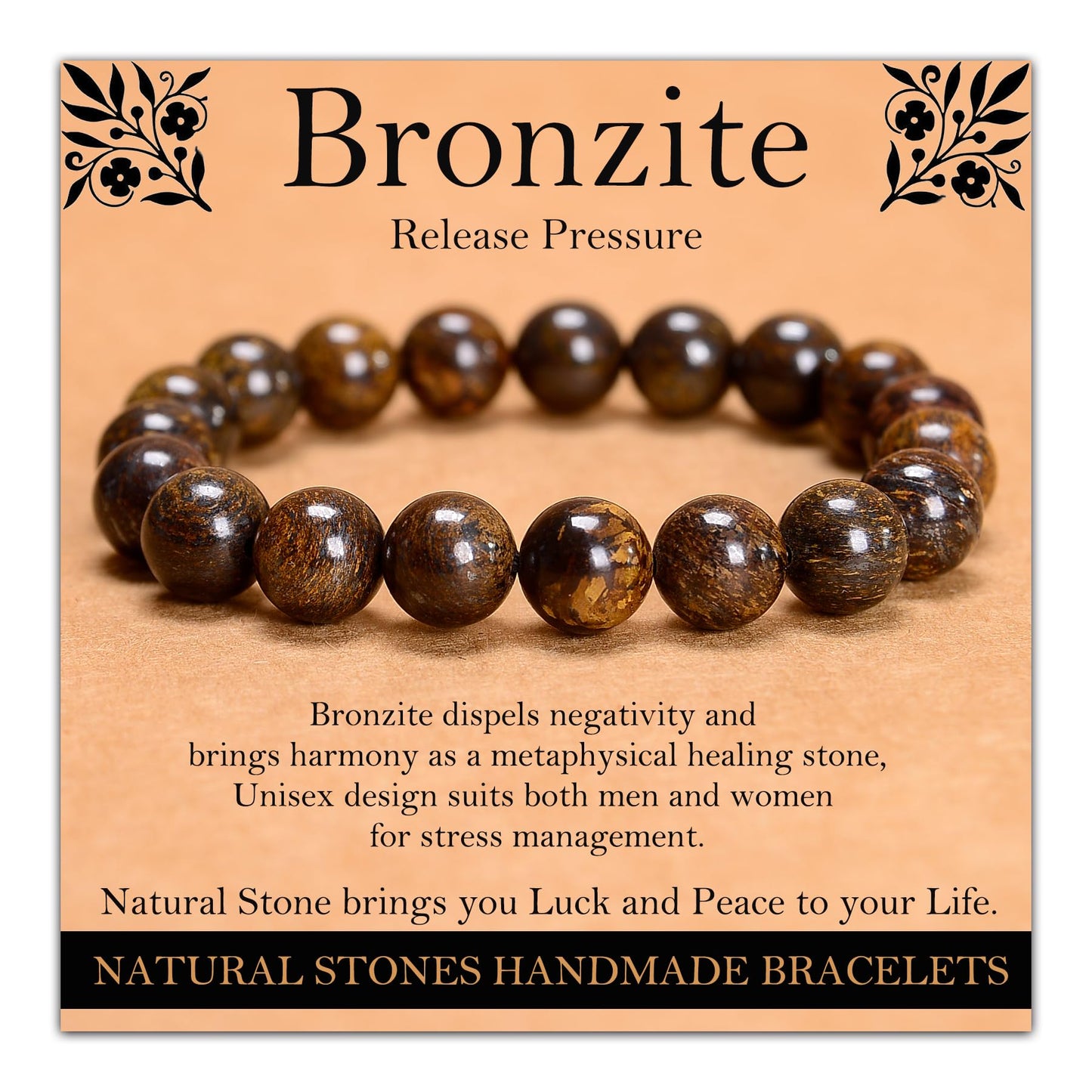 Handmade Natural Gemstone Elastic Bracelet - Healing Crystal Beads Jewelry, Unisex (Bronzite, 8mm)