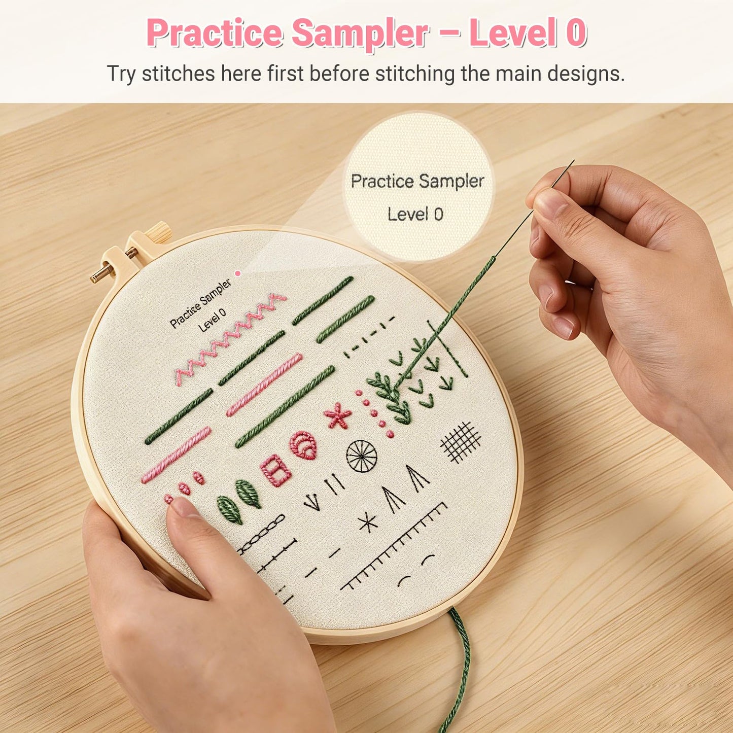 ZenHues Embroidery Kit for Beginners Adults with Level 0 Practice Sampler, 5 Pre-Printed Patterns & Video Tutorials with 7.8" Hoop, Learn 30+ Stitches, DIY Needlework Craft Gift for Women