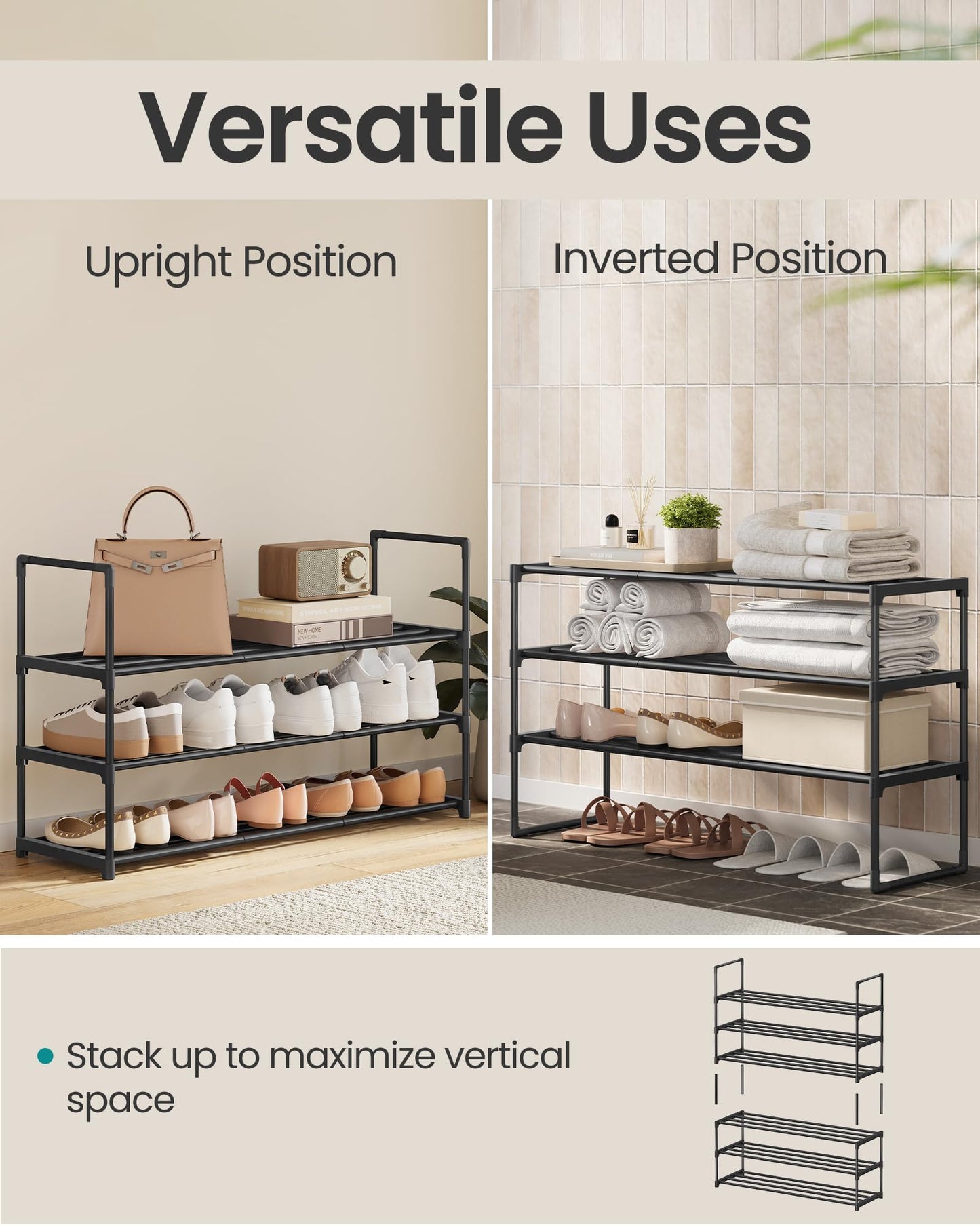 SONGMICS Shoe Rack, 3-Tier Shoe Organizer, Metal Storage Shelf, Upright or Upside Down, for 16-20 Pairs, Stackable, for Entryway, 11.8 x 36.2 x 21.7 Inches, Black ULSA303B02