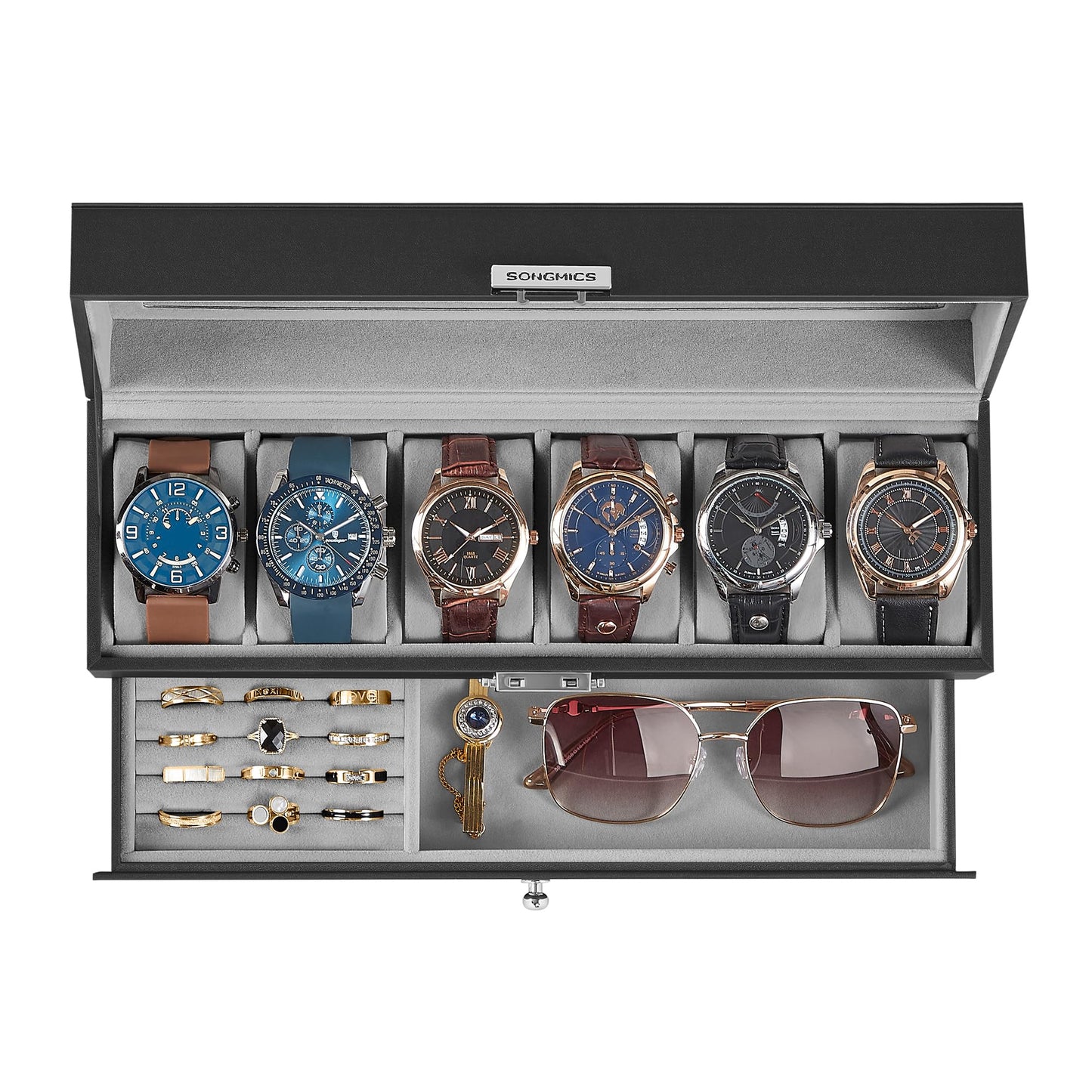 SONGMICS Watch Box, 6-Slot Watch Case Organizer with Large Glass Lid, 2 Layers, Removable Pillows, Metal Lock, Gift for Loved Ones, Black Synthetic Leather, Gray Lining UJWB060G01