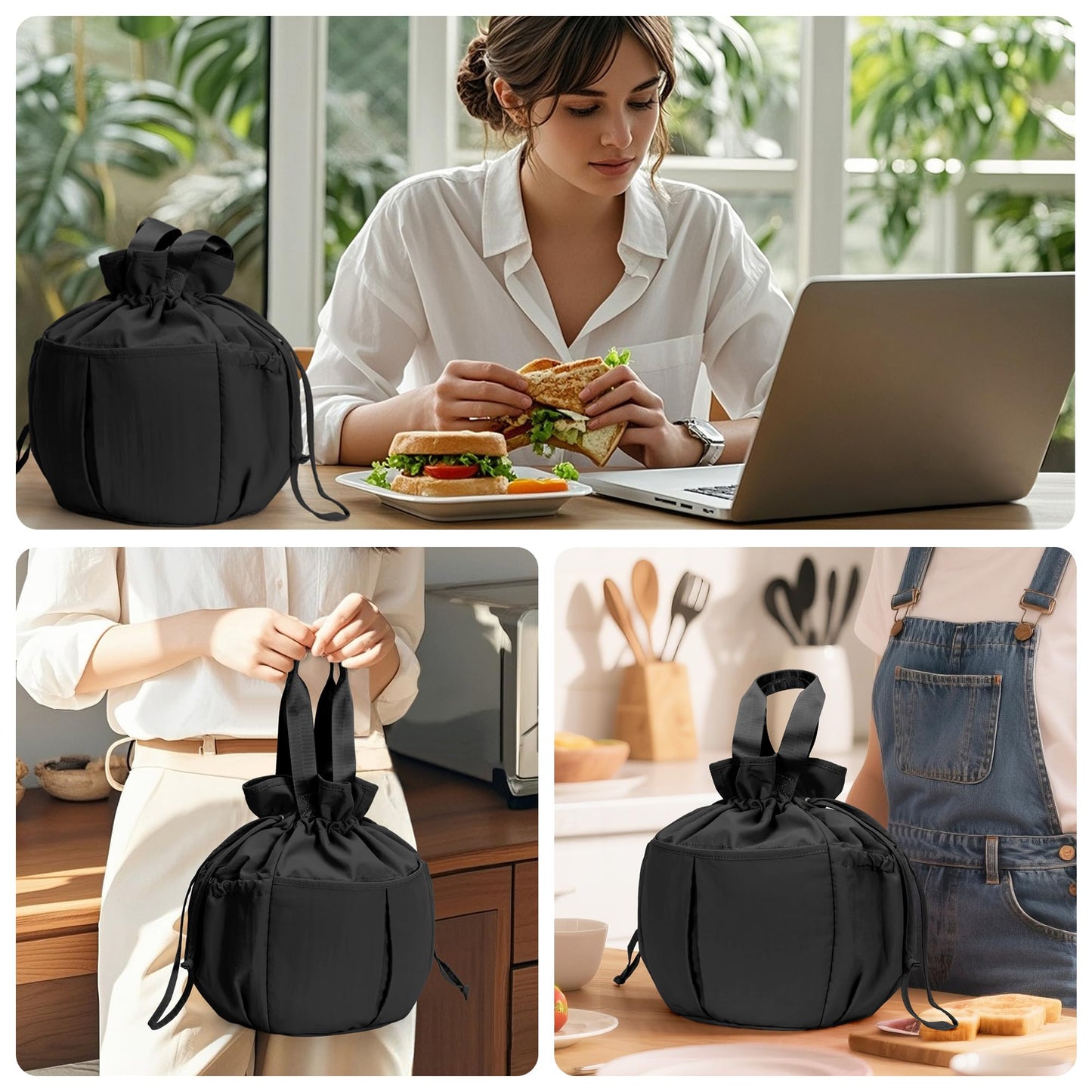 Hafmall Large Drawstring Lunch bag Women, Cute Lunch Box Leak-Resistant Lunch Tote for Picnic Work Office, Black